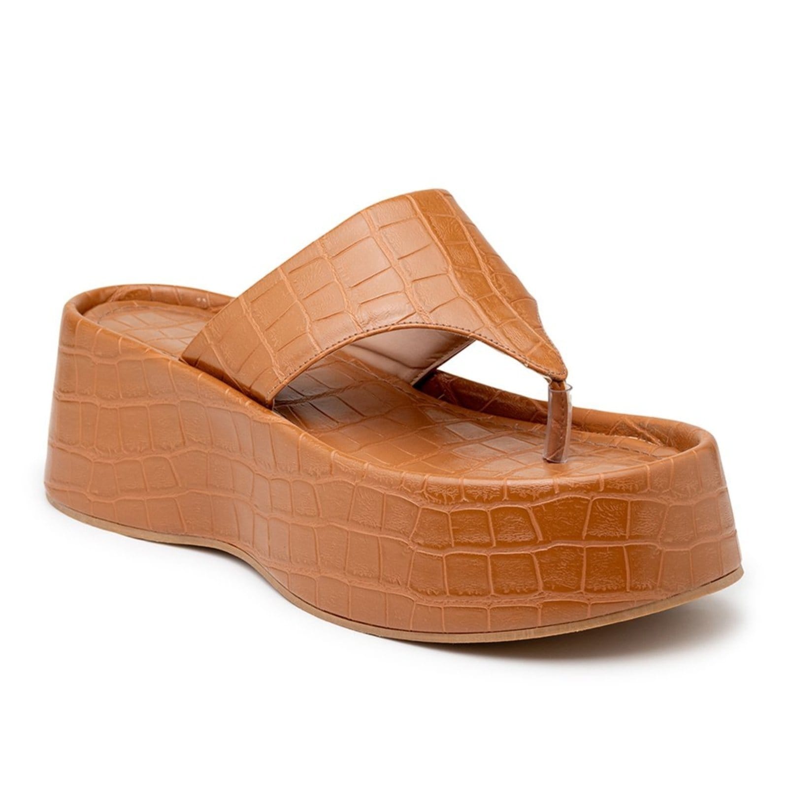 Vista 2 Sandália Tamanco Flat Plataforma Salto Alto 5100 Croco Whisky Flor da Pele caramelo