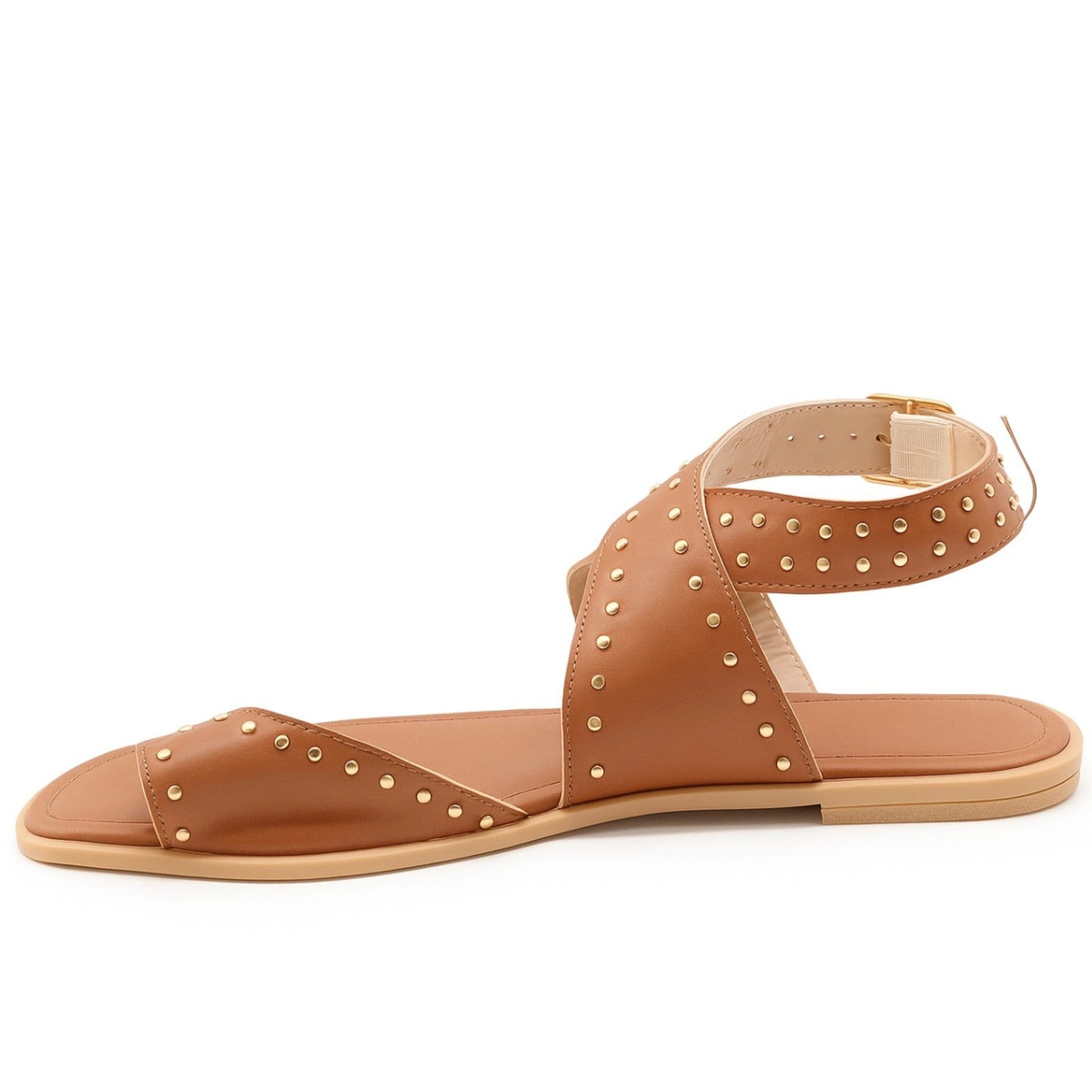 Vista 2 Sandália Feminina Rasteirinha Cruzada Com Tachinhas Delicada E Confortável Caramelo 300 Flor da Pele marrom