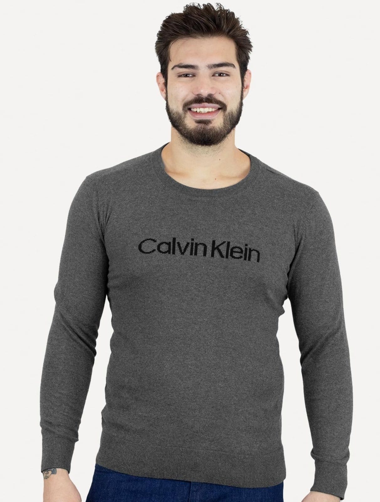 Suéter Calvin Klein Masculina Tricot Front Logo Chumbo