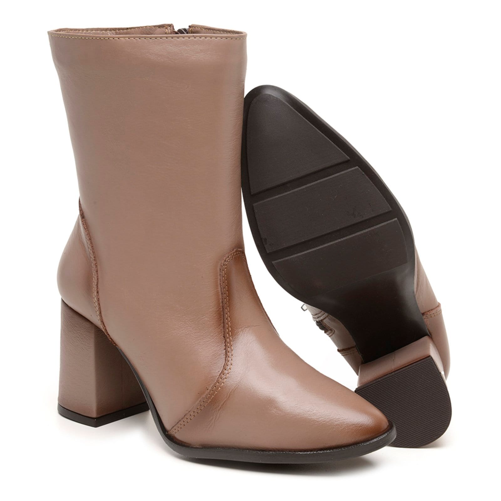 Vista 2 Bota Cano Médio Couro Salto Bloco Bico Fino Estilo Clean Moda FRANCA GRIFFE bege