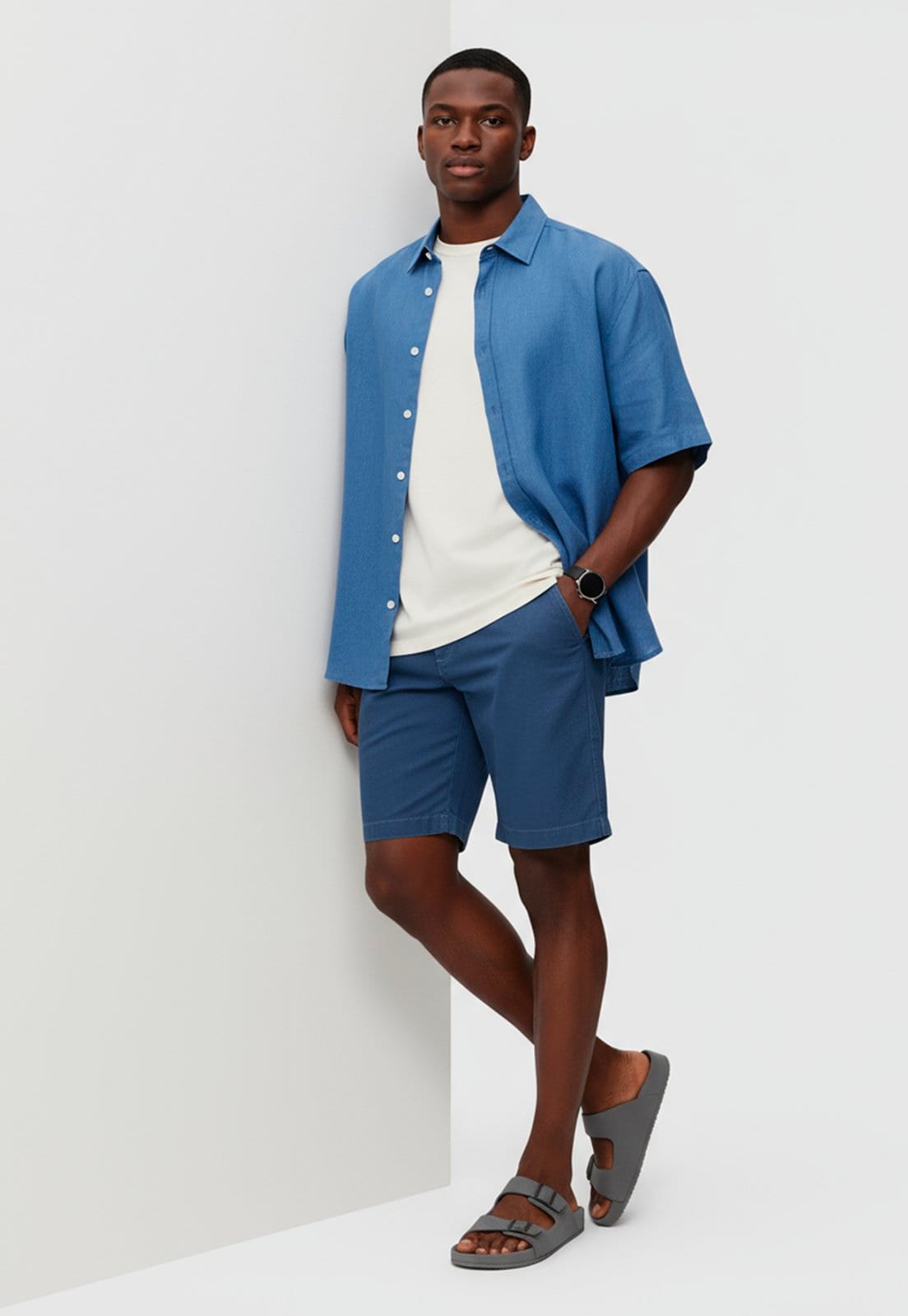 Vista 2 Bermuda Masculina Sarja Chino Casual Confortável Algodão Petróleo Macaw azul/azul marinho azul