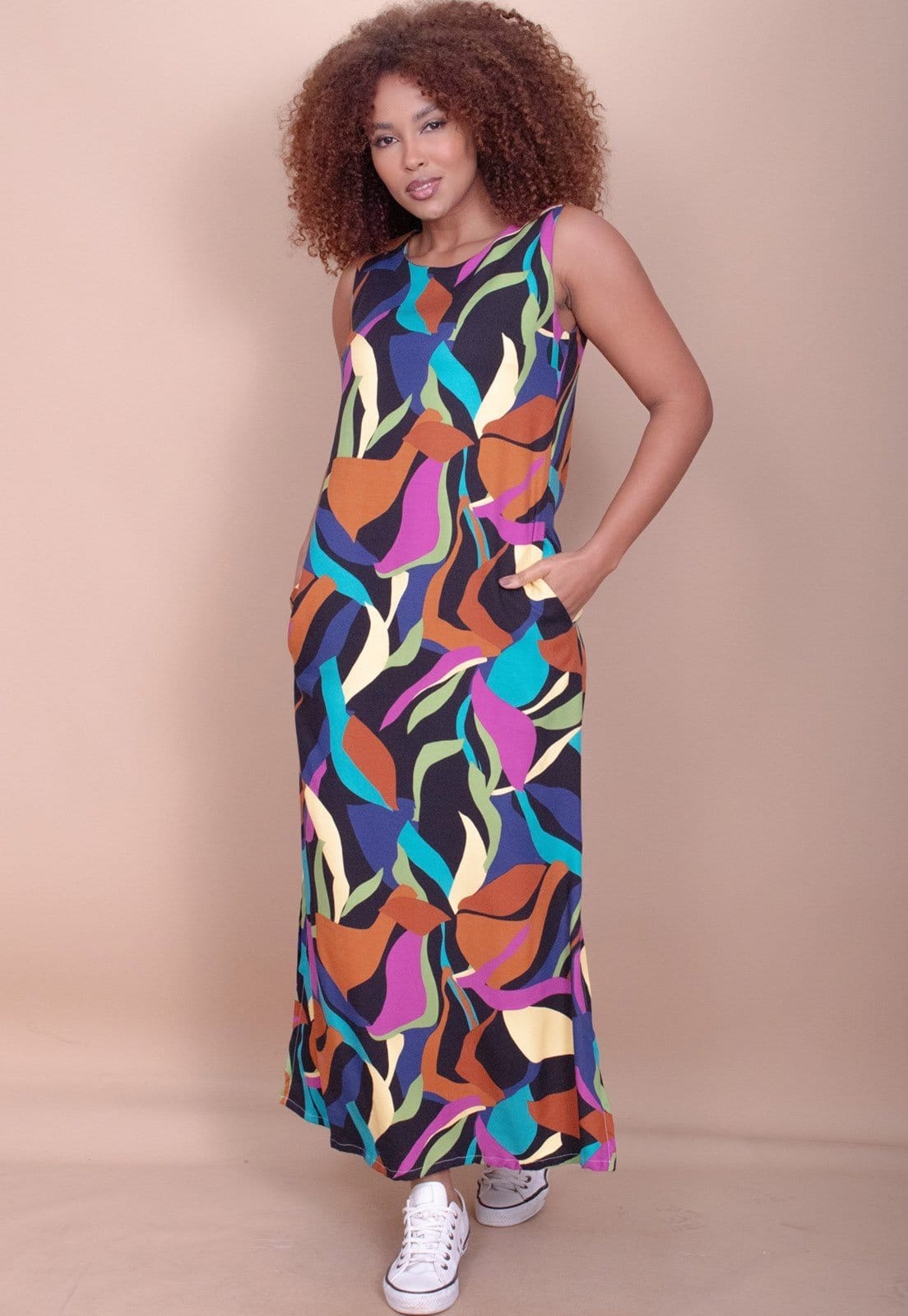 Vista 2 Vestido Longo Cabanafree Plano com Bolso Estampa Aurora Urbana Cabanafree azul/estampado/lilás/preto