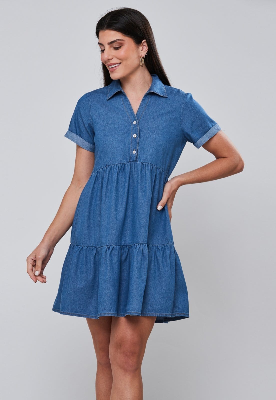 Vista principal Vestido Chemise Camadas Franzido Miss Joy 8055 Feminino MISS BY JOY azul/jeans