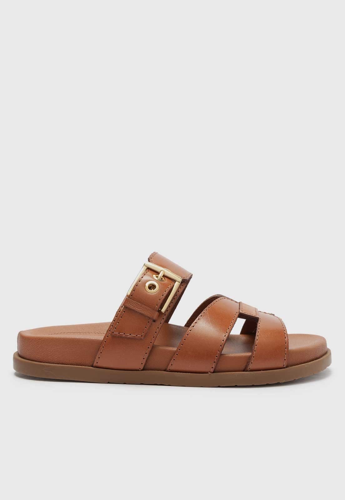 Vista principal Rasteira Aberta Arezzo Fivela Dourada Warm Caramel Arezzo caramelo