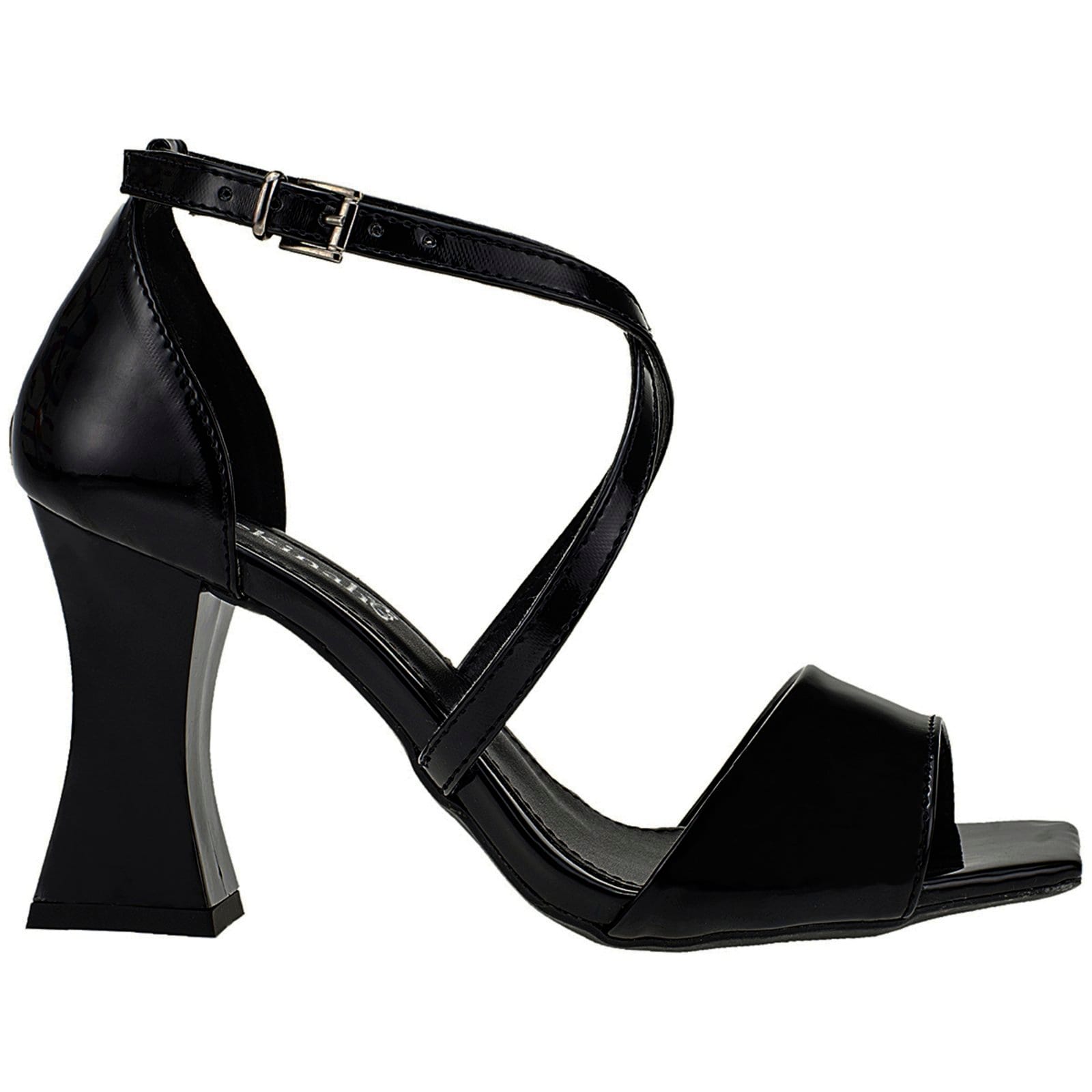 Sandália Feminina Salto Alto Geométrico Taça Shekinah Tiras Cruzadas Verniz