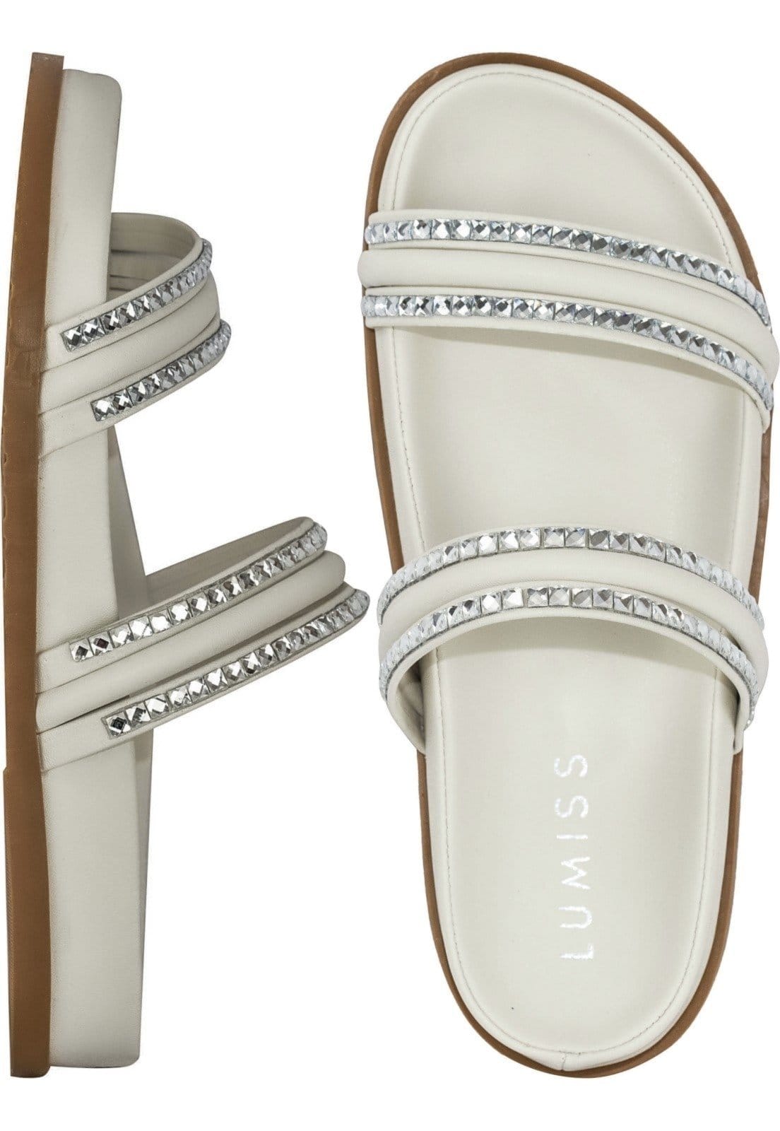Sandália Feminina Papete Flat Lumiss Confortável Anatômica Strass Brilho Cristal Off White