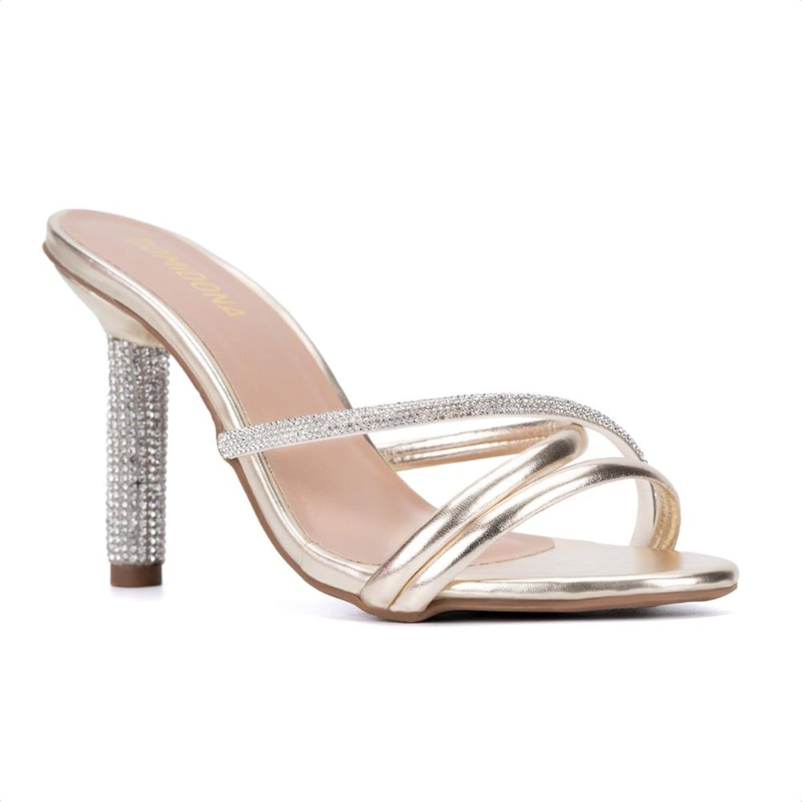 Sandália Feminina Dourada Tiras Triplas Salto Alto De Strass