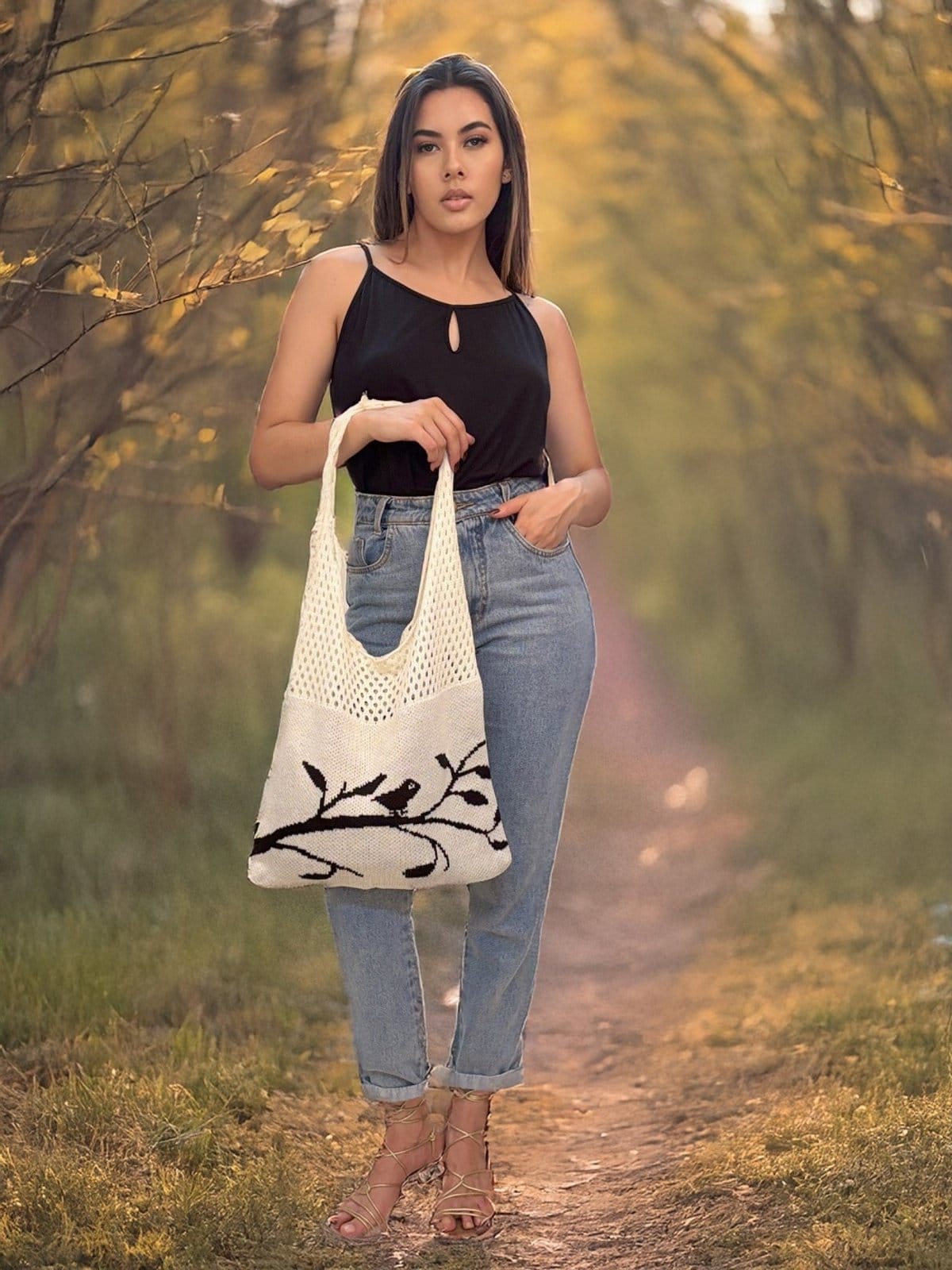 Vista 2 Bolsa Tricô Pássaros Livres Off White Amazonia Vital branco white