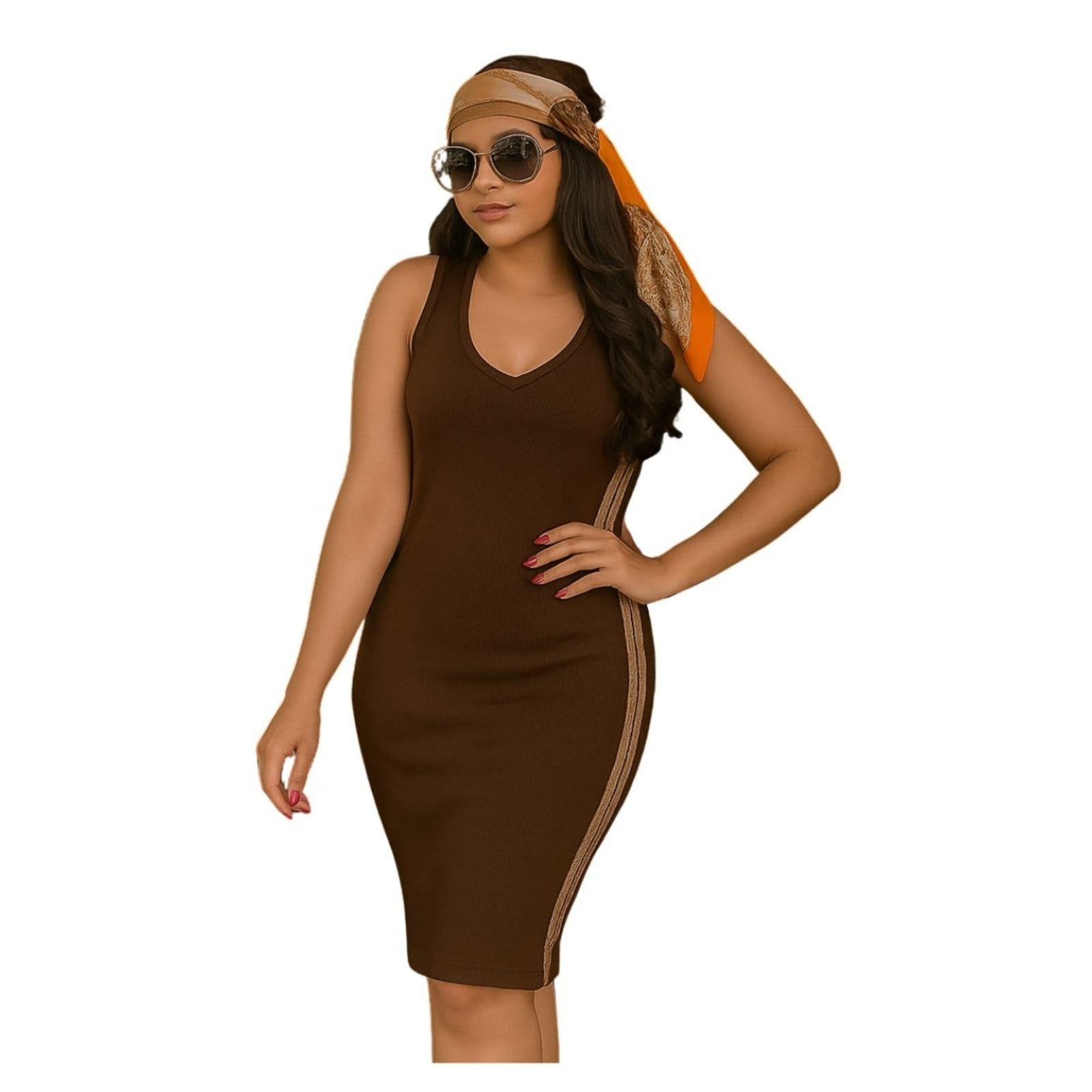 Vestido FMF Feminino Midi Tricô Listrado Justo Corpo Elegante Premium