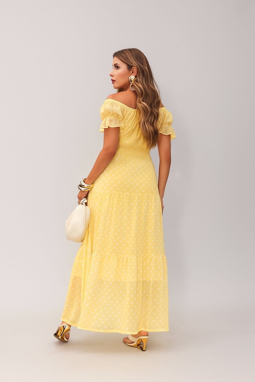 Vista 2 Vestido Longo D Bell Outlet Poá D BELL OUTLET FASHION amarelo