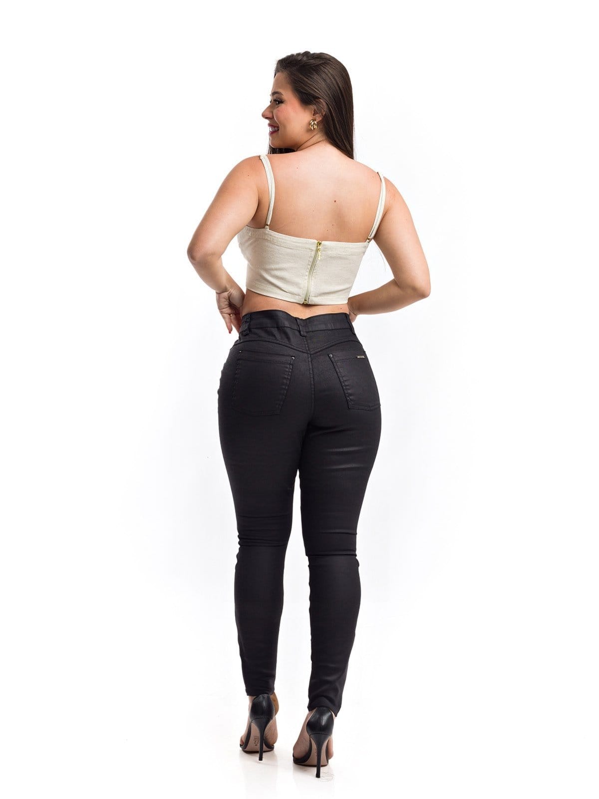 Vista 2 Calça Cigarrete Restrito Jeans Resinada com Elastano Restrito Jeans preto