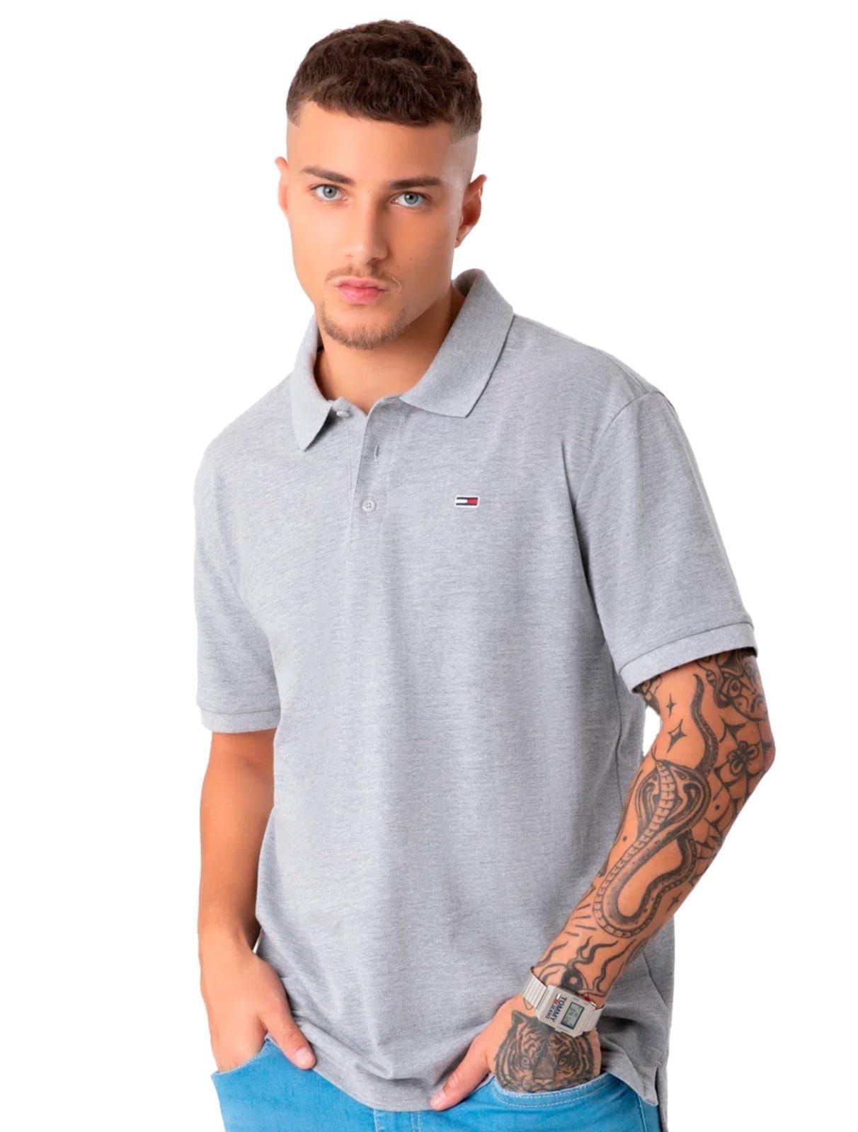 Vista principal Polo Tommy Jeans Masculina Regular Original Fine Piquet Mescla Tommy Jeans cinza