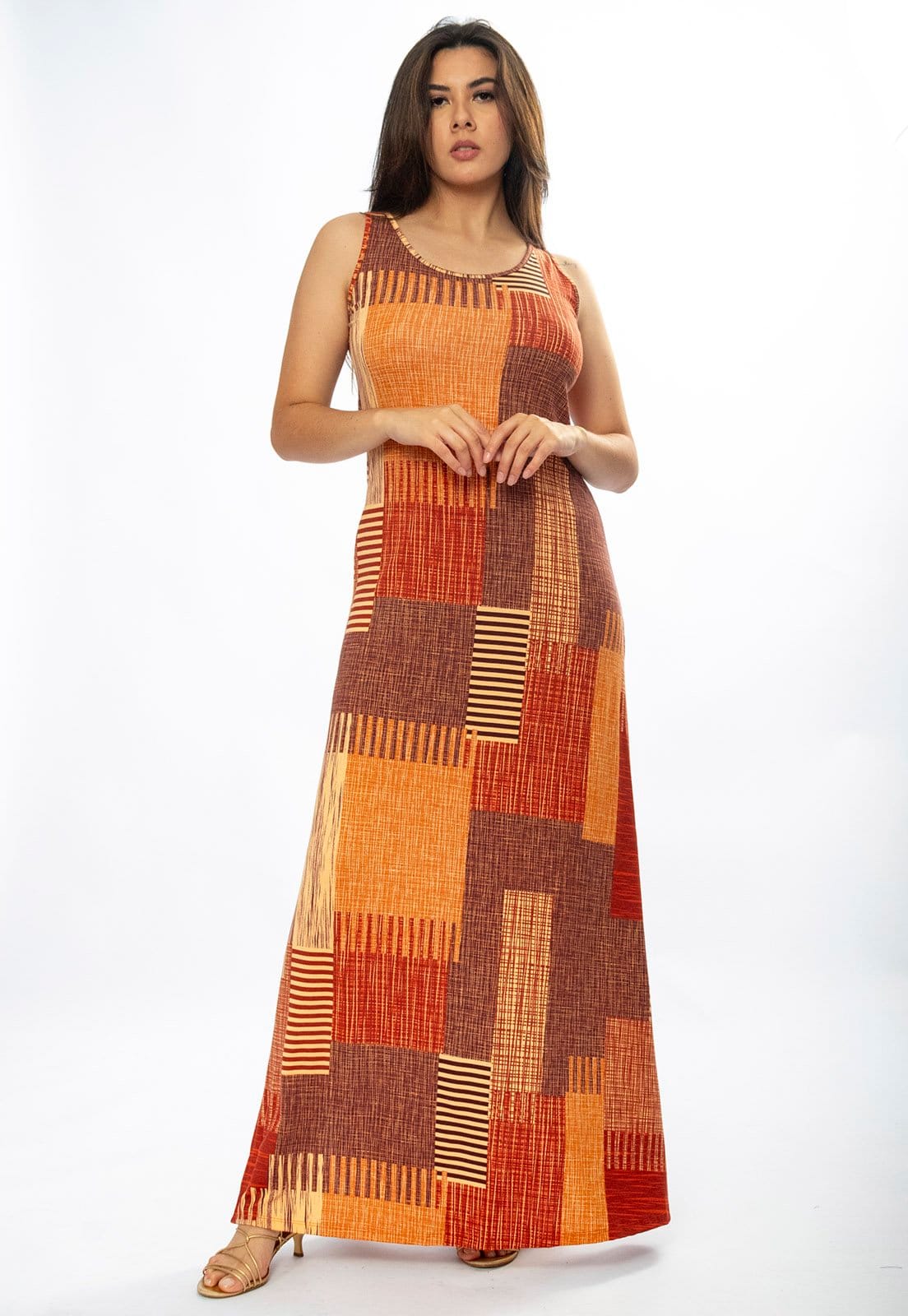 Vista 2 Vestido Longo Amazônia Vital Butiá Malha Regata Estampa Tramas do Sol Amazonia Vital bege/marrom/vermelho