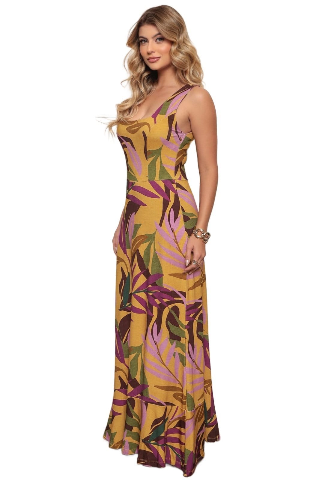 Vista 2 Vestido Fluido Longo Dellamarca Casual Estampada Mostarda Dellamarca dourado/estampado