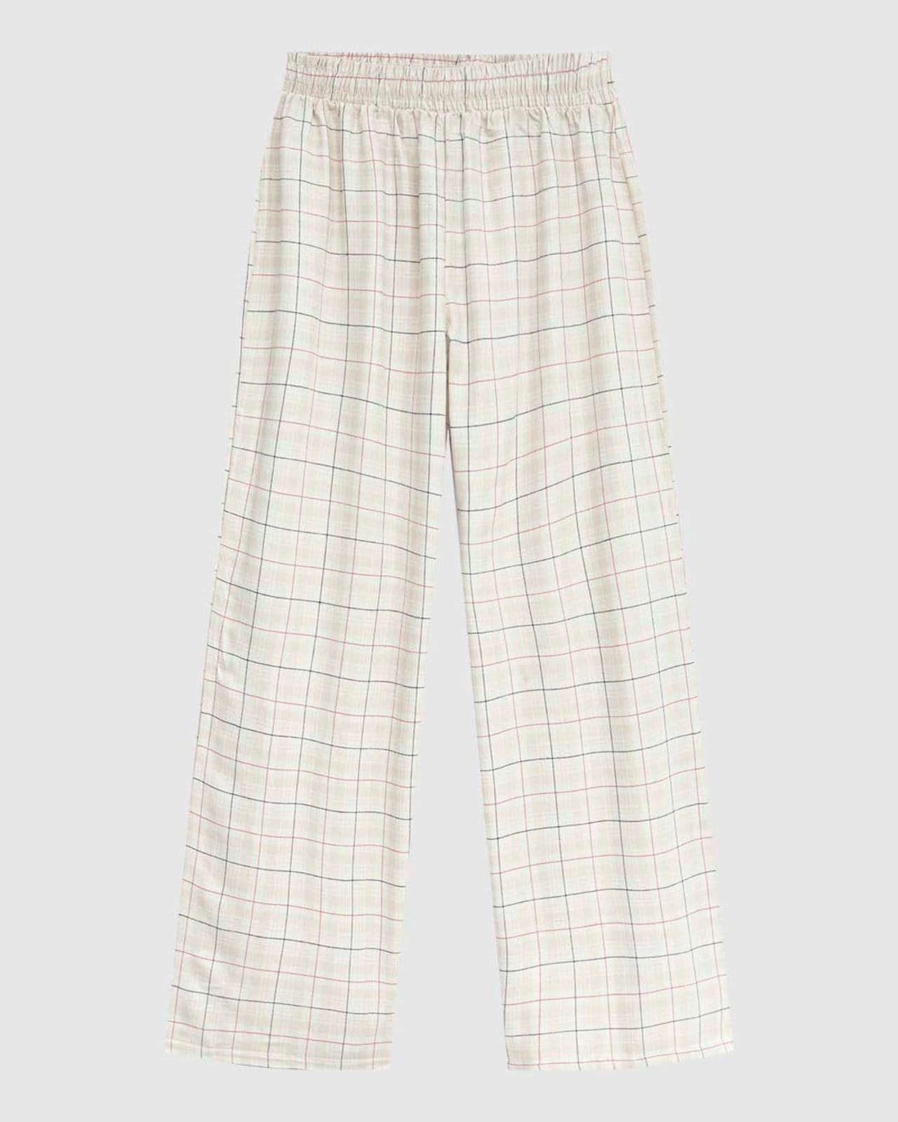 Calça Wide Leg Feminina Cós Elástico Em Tricoline Quadriculado