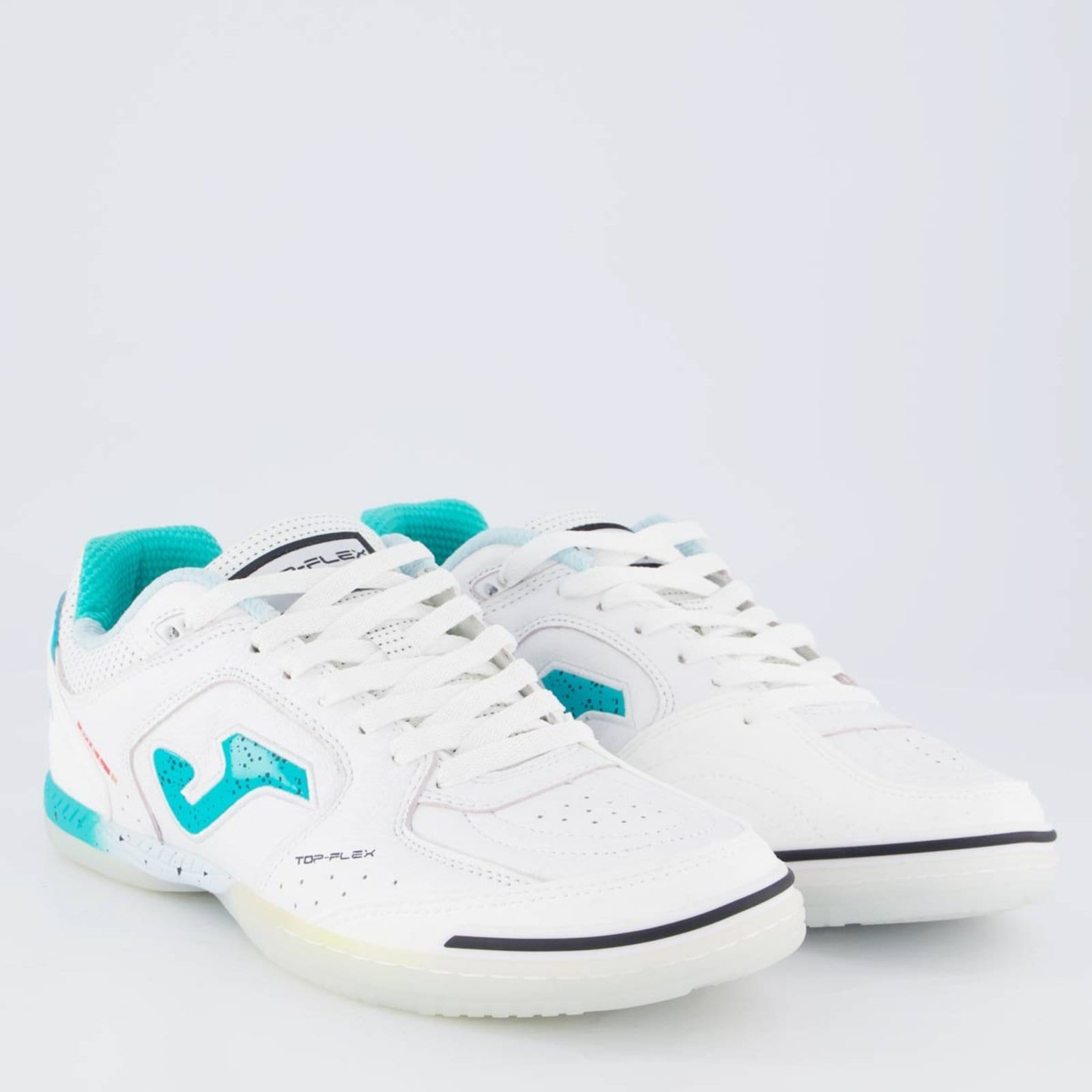 Vista 2 Chuteira Joma Top Flex Futsal Branca e Verde Água Joma branco verde