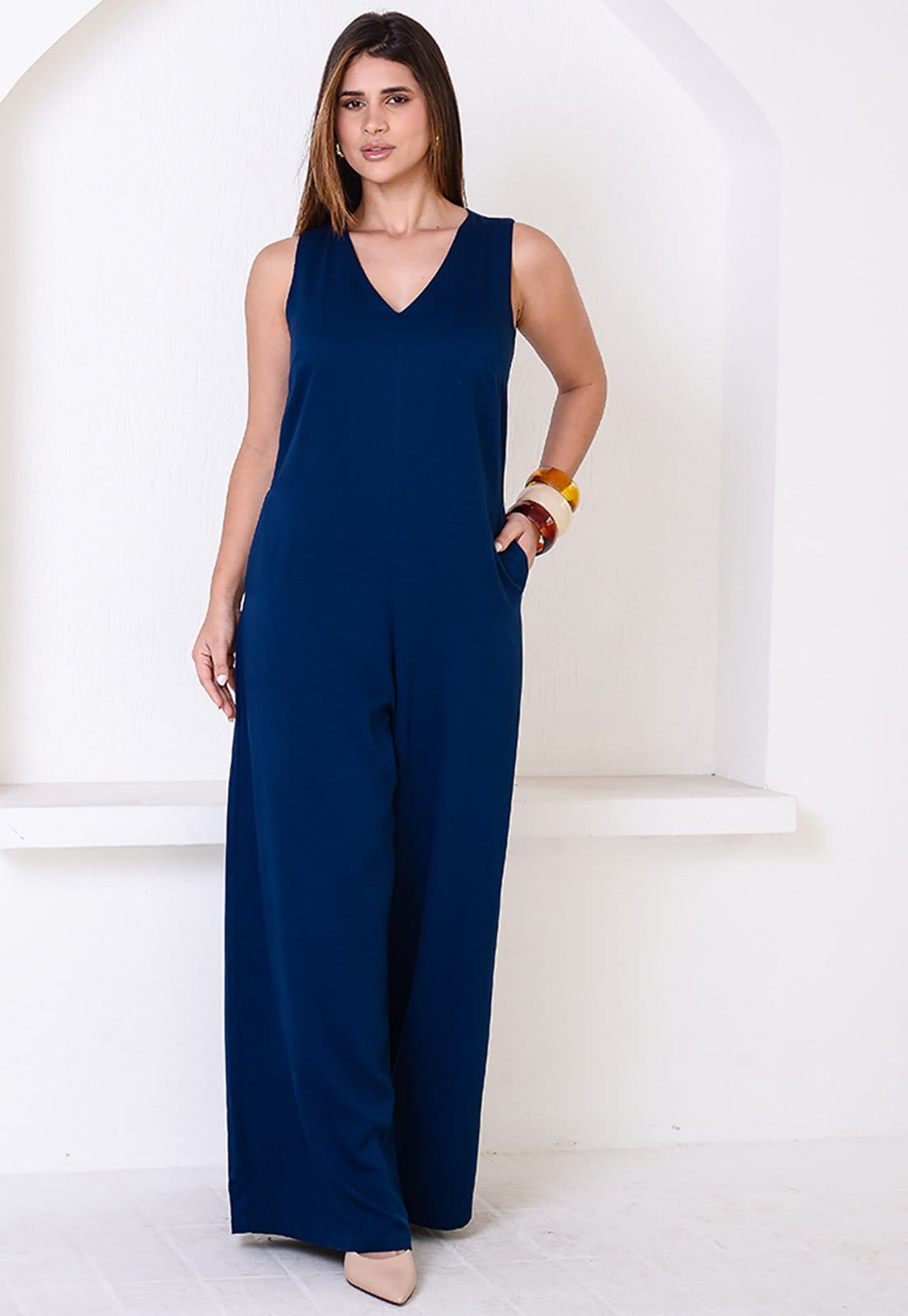 Macacão Pantalona Decote V BBonnie Bianca Azul Marinho