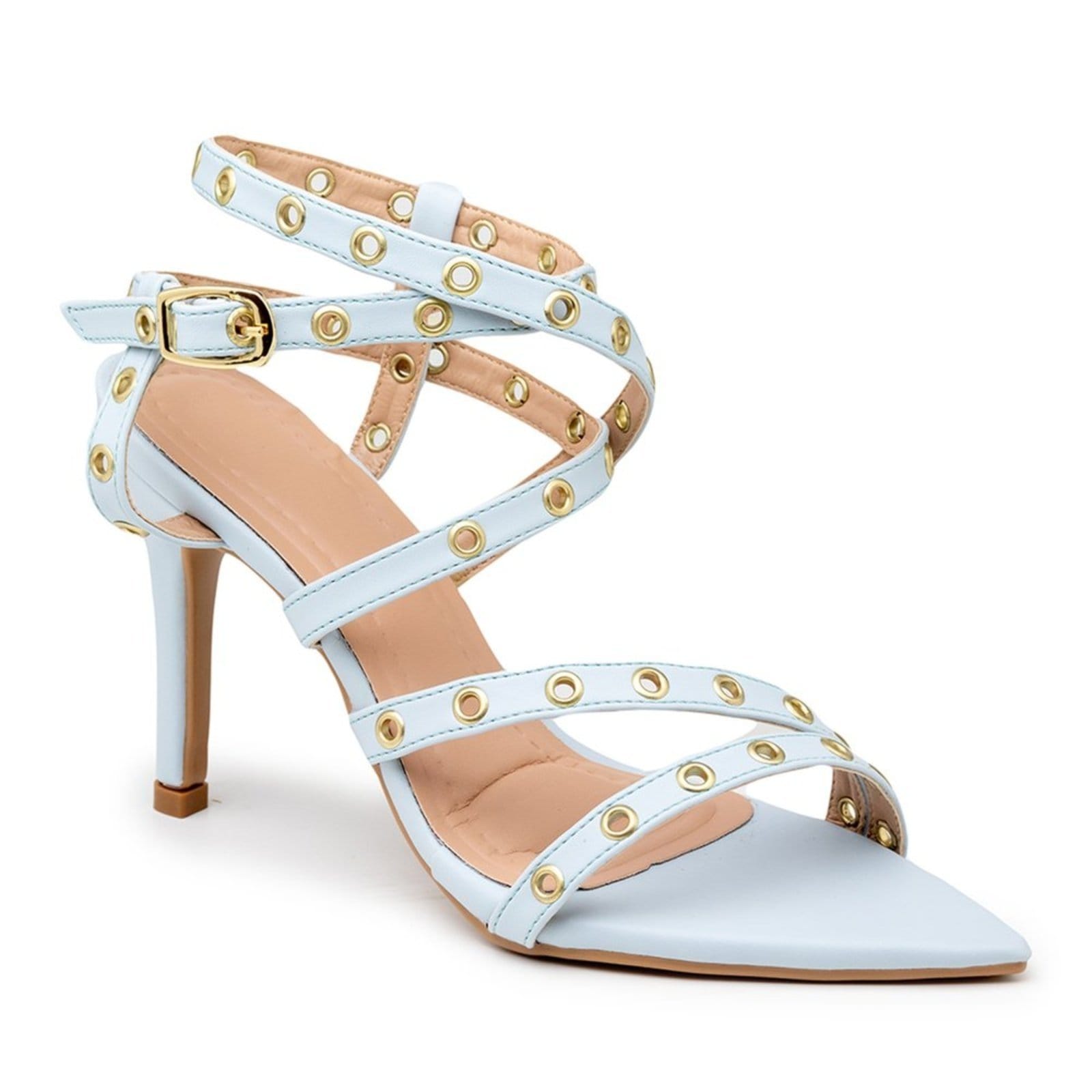 Vista 2 Sandália Social Feminina Bico Folha Salto Alto 6019 Claro Flor da Pele azul