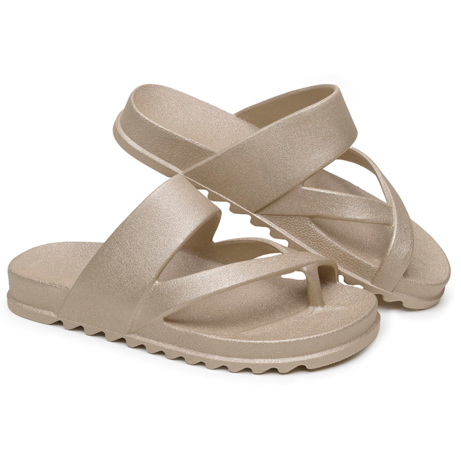 Vista 2 Chinelo Feminino Casual Anna Andrade Sandália Slide Flat De Dedo Versátil Leve Metalizada Anna Andrade dourado