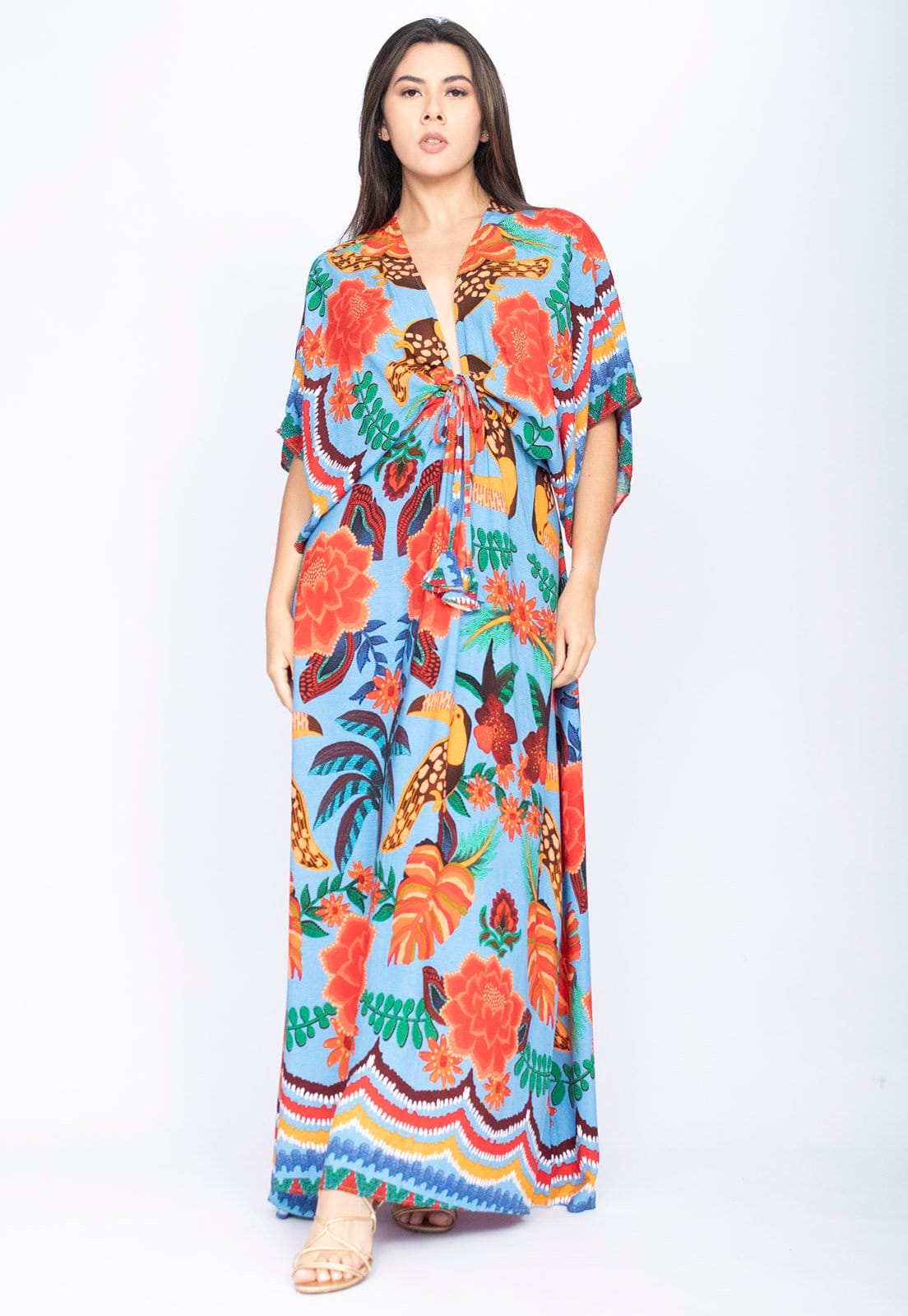 Vestido Amazonia Vital Midi Plus Viscose Morcego Estampa Iara Azul