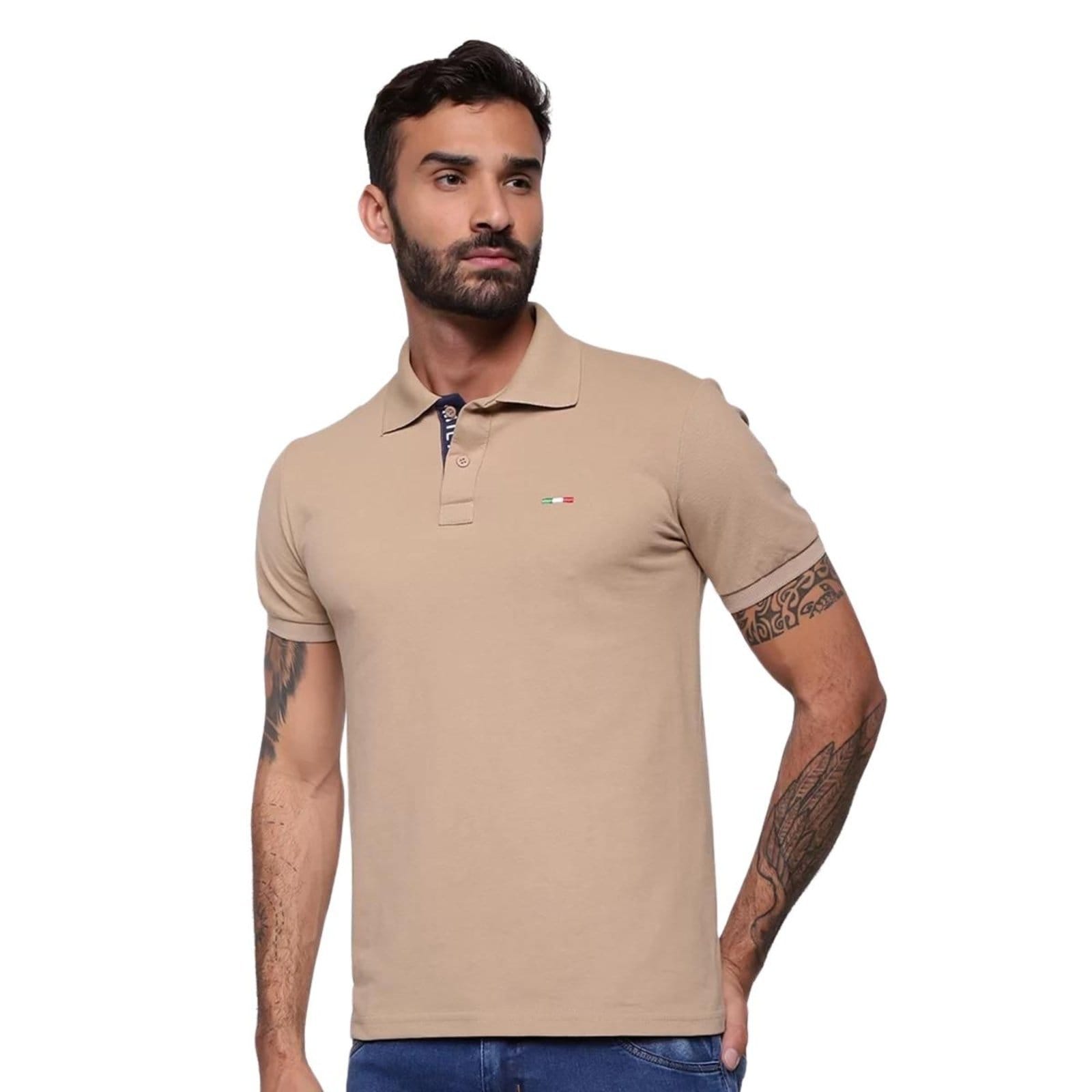 Vista 2 Kit 2 Polos Masculina Básicas Industrie Piquet no Estilo Tommy Bordado Itália Verde Bege Industrie amarelo verde