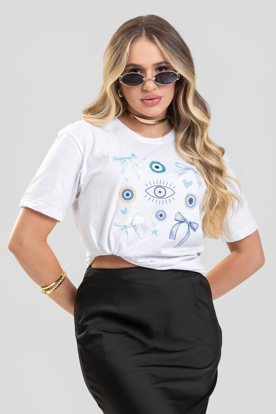 Vista 2 Camiseta Feminina Cianitas Branca Estampa Olho Grego e Laços Cianitas branco