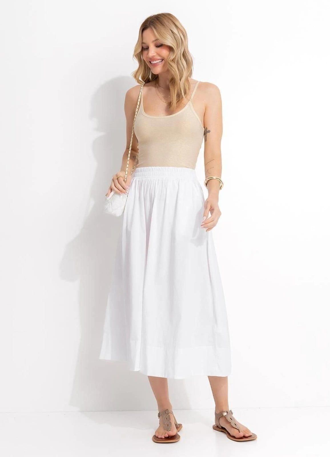 Vista principal Saia Midi Em Tricoline Quintess branco