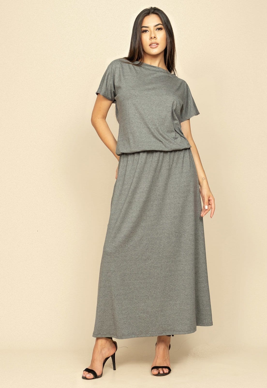 Vista 2 Vestido Longo Morcego Malha Mescla Amazonia Vital cinza