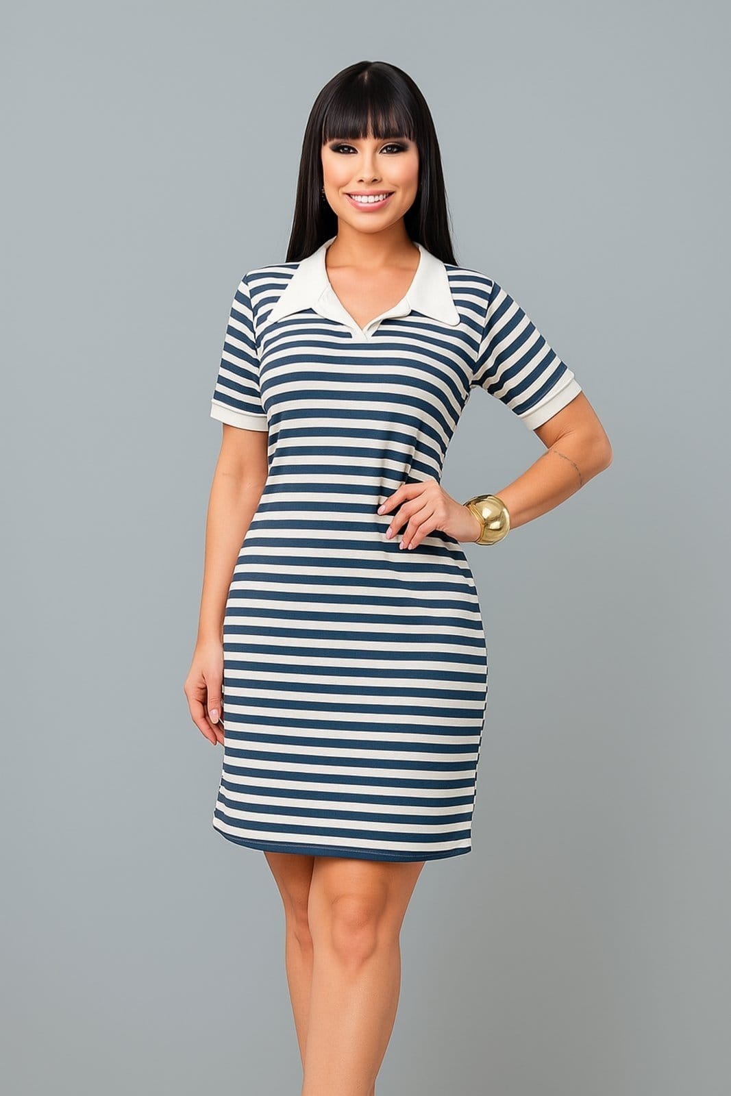Vista principal Vestido Curto D Bell Outlet Fashion Gola Polo Listrado Azul D BELL OUTLET FASHION azul marinho