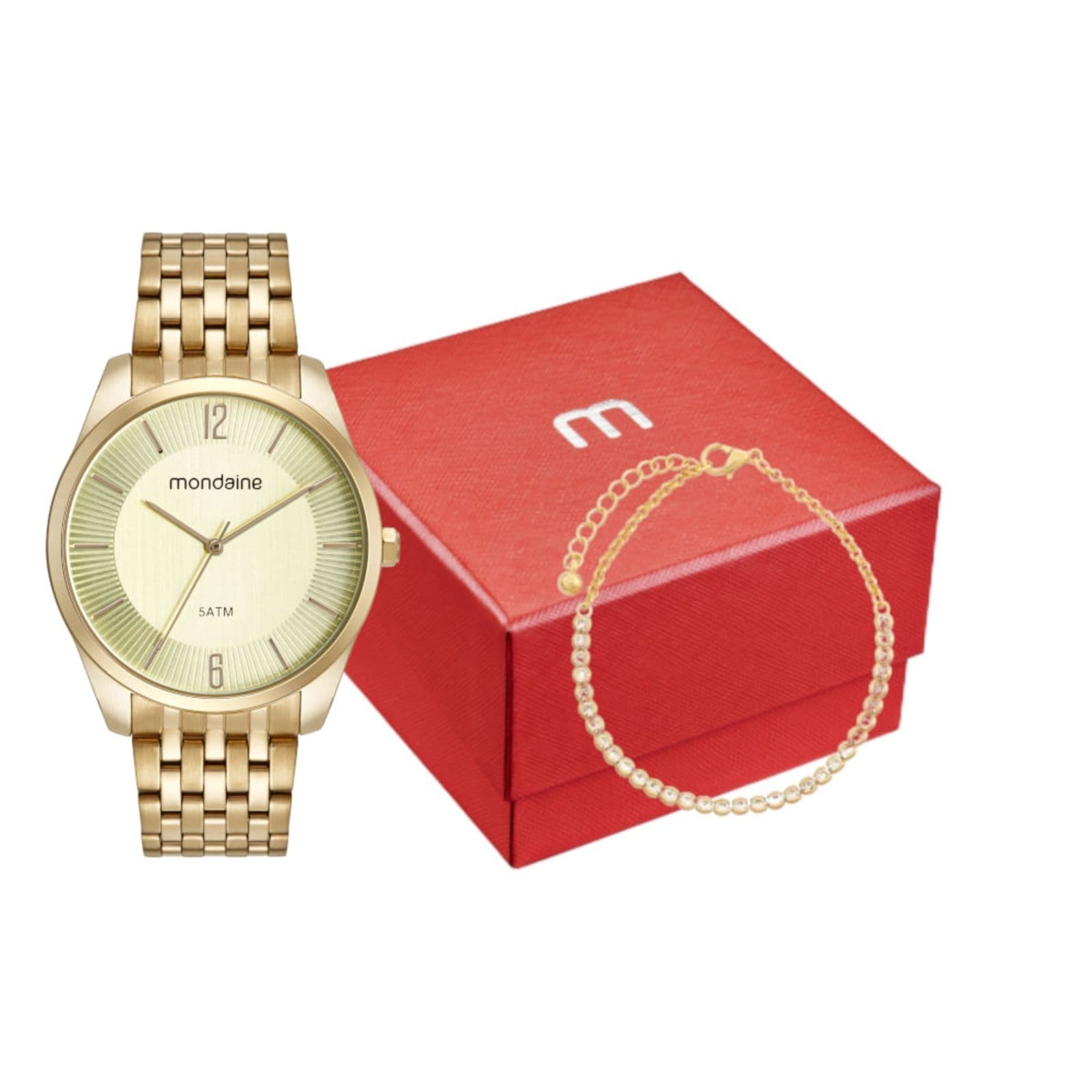 Vista principal Kit Relógio Feminino Com Pulseira de Cristais Mondaine dourado