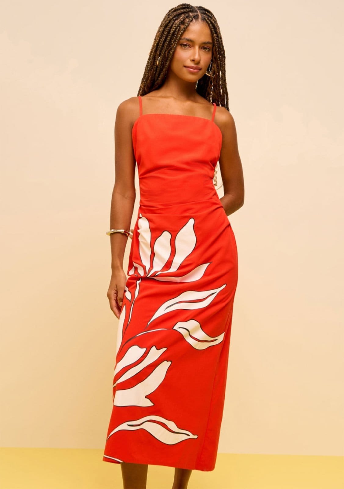 Vestido Zinco Ajustado Decote Reto Sem Manga Midi