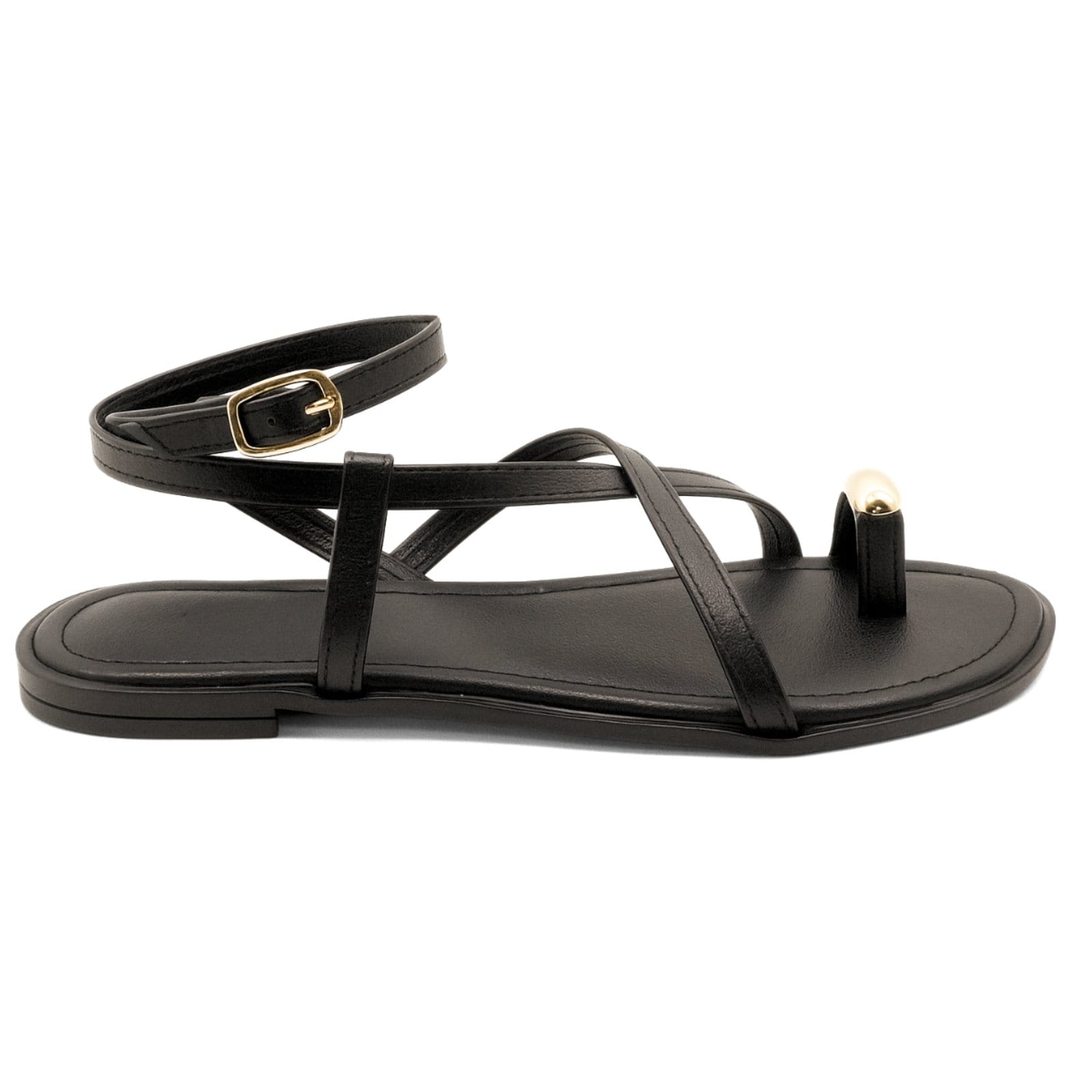 Vista 2 Sandália Rasteirinha Tiras Cruzadas Com Ring Toe Elegante e Moderna Preta 307 Sete Sales preto