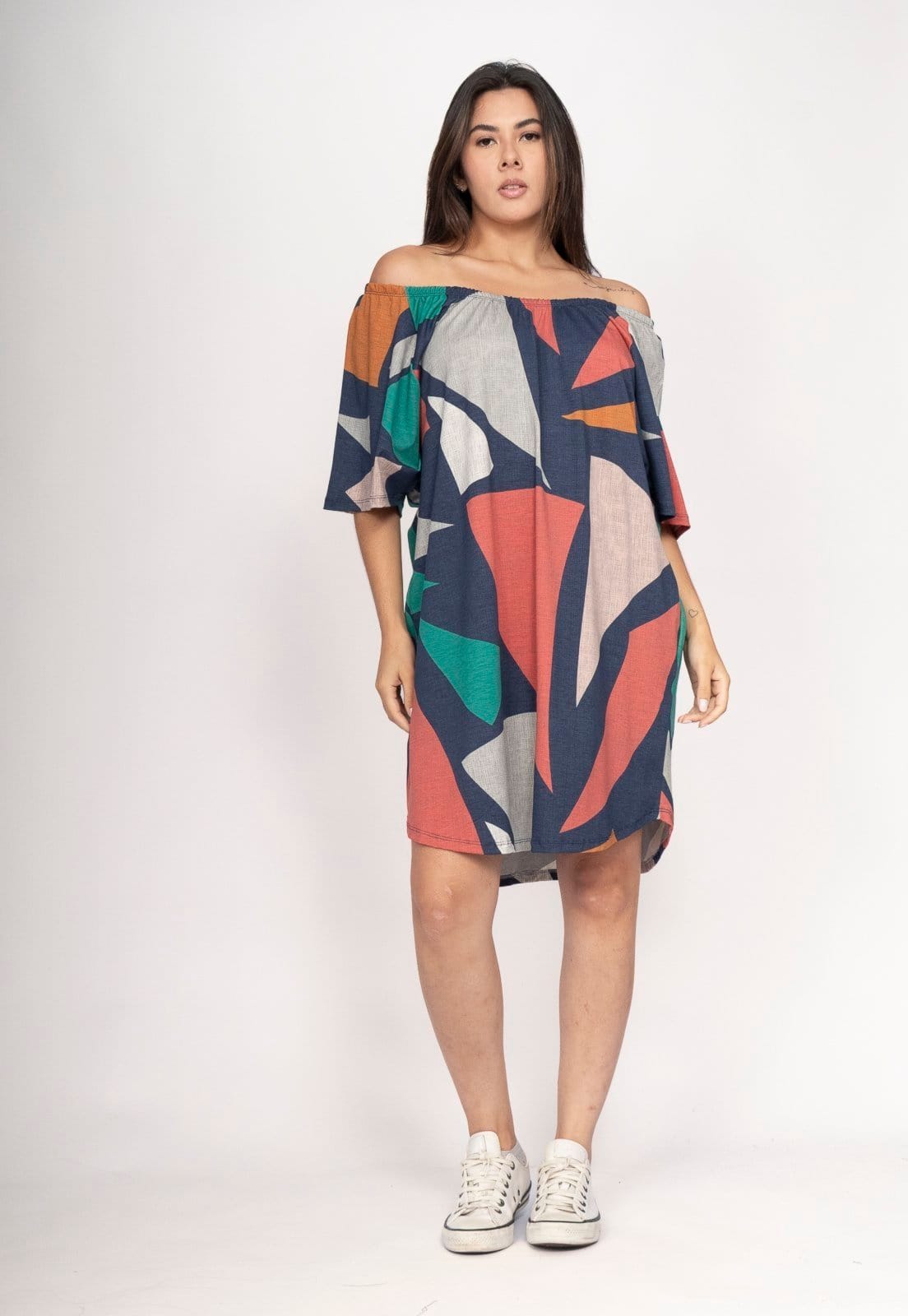Vista 2 Vestido Amazonia Vital Curto Malha Ombro a Ombro Mullet Amplo Geometrias do Tempo Amazonia Vital estampado