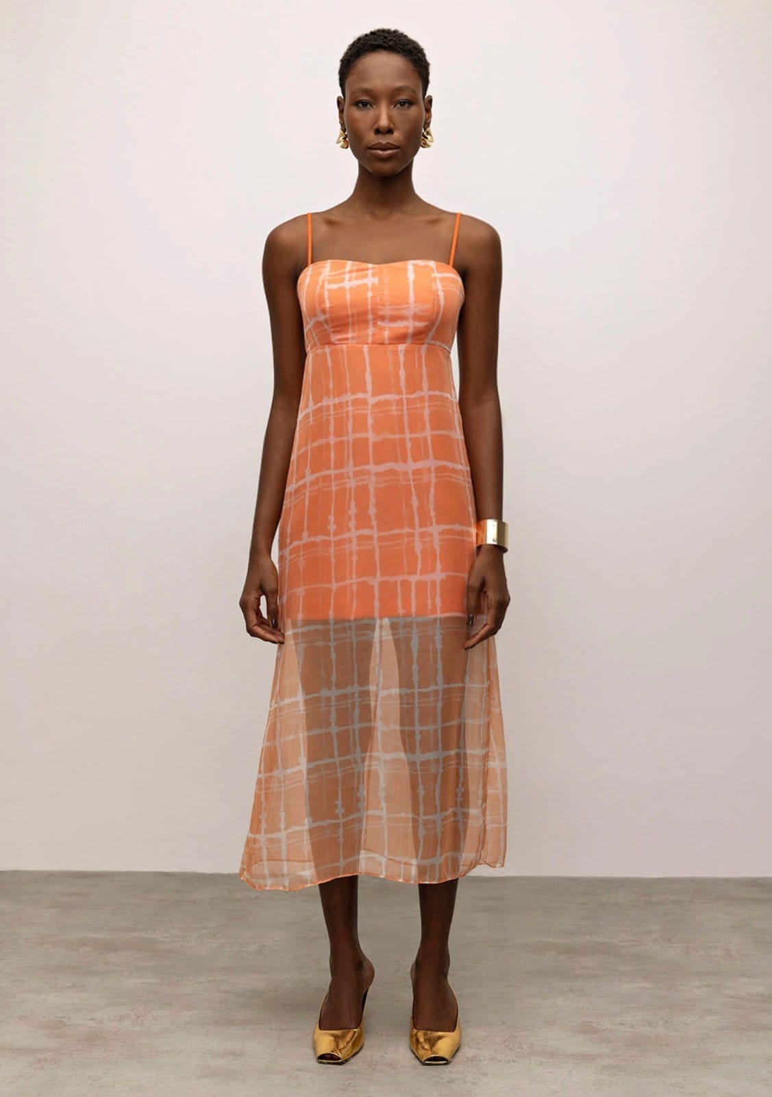 Vista 2 Vestido Iódice Midi Decote Reto Com Sobreposição IÓDICE laranja