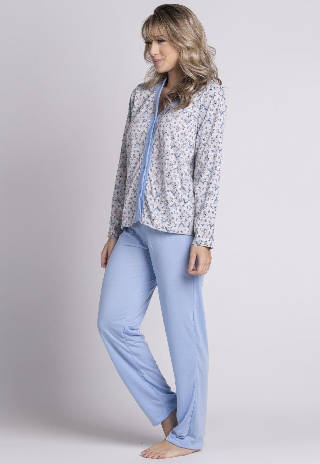 Vista 2 Pijama Feminino Longo Serra e Mar Modas de Botão Rebeca SERRA E MAR MODAS azul