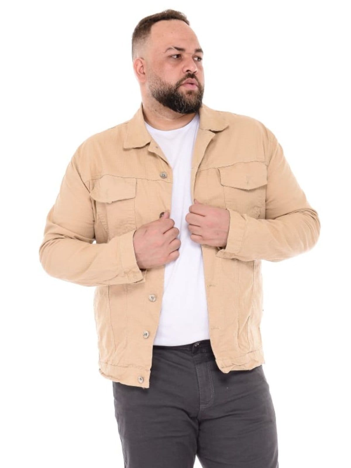 Vista 2 Jaqueta Masculina Plus Size Sarja Creme Alleppo Jeans cáqui