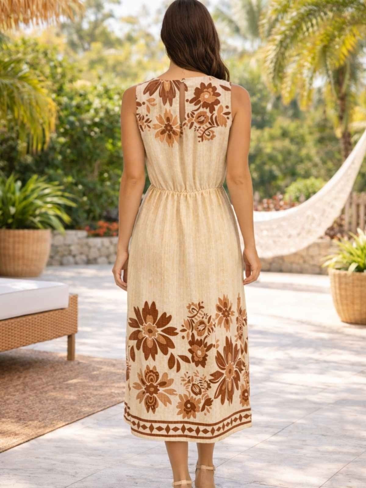 Vista 2 Vestido Estampado Floral Regata Moda Verão Casual Confortável Preto Elegante Docce Mulher bege