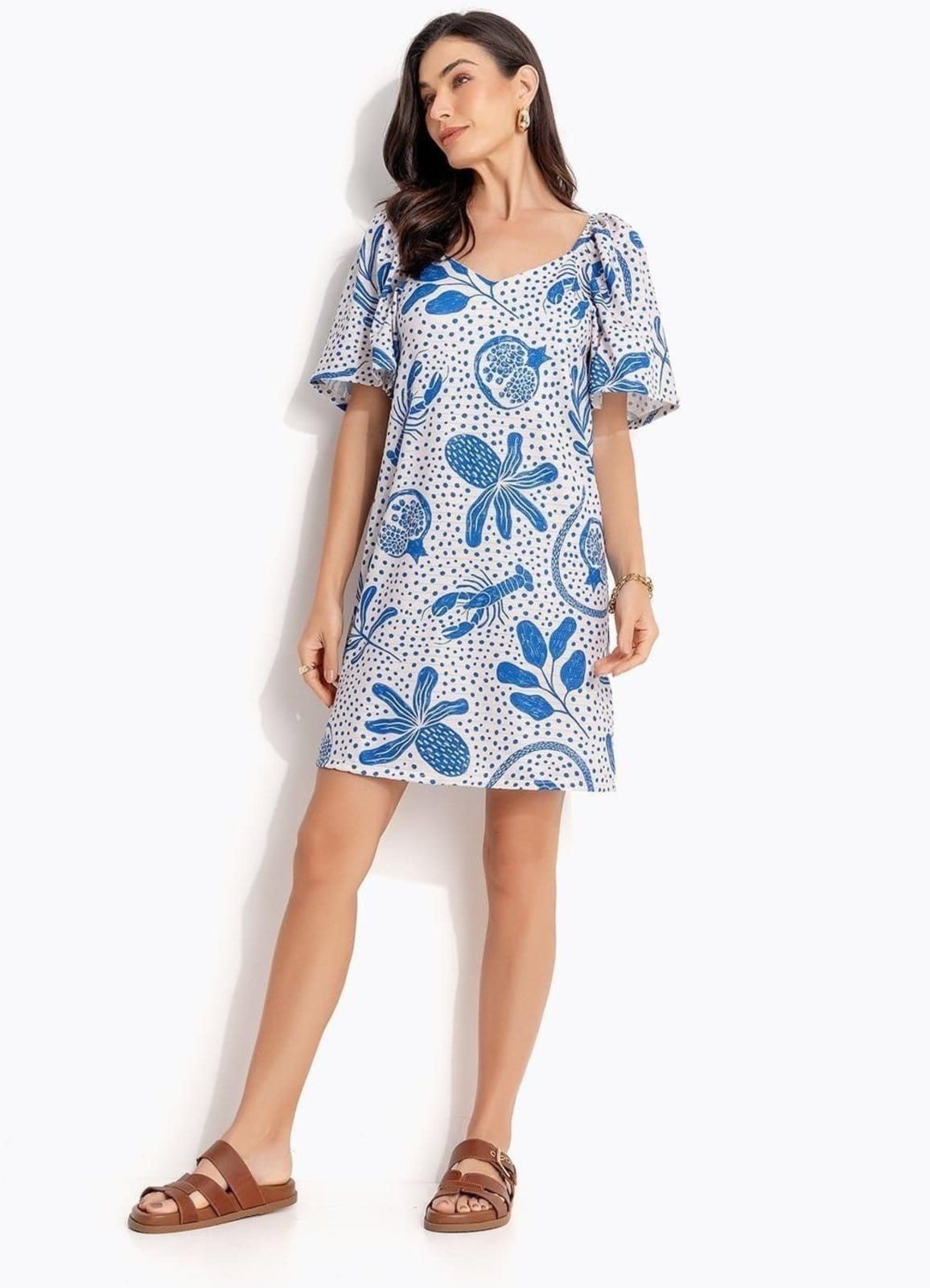 Vista principal Vestido Em Malha Texturizada Quintess Pontilhado Quintess azul