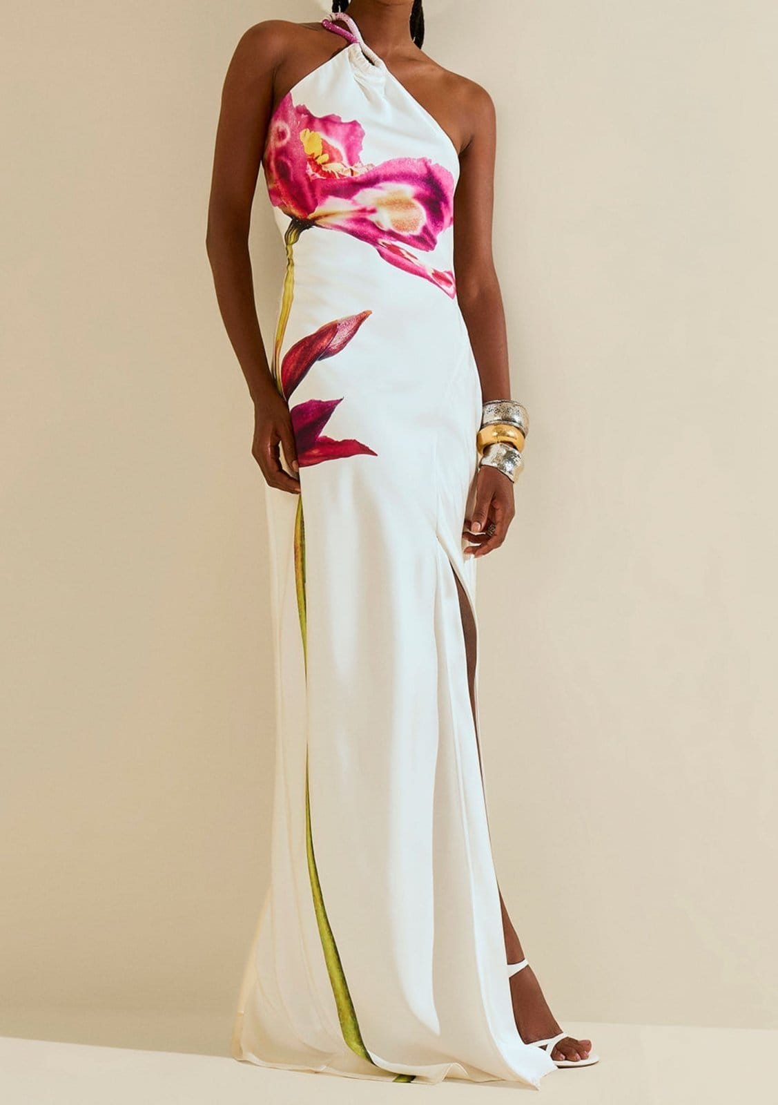 Vista 2 Vestido Morena Rosa Solto Um Ombro Só Sem Manga Longo Estampado Morena Rosa estampado rosa