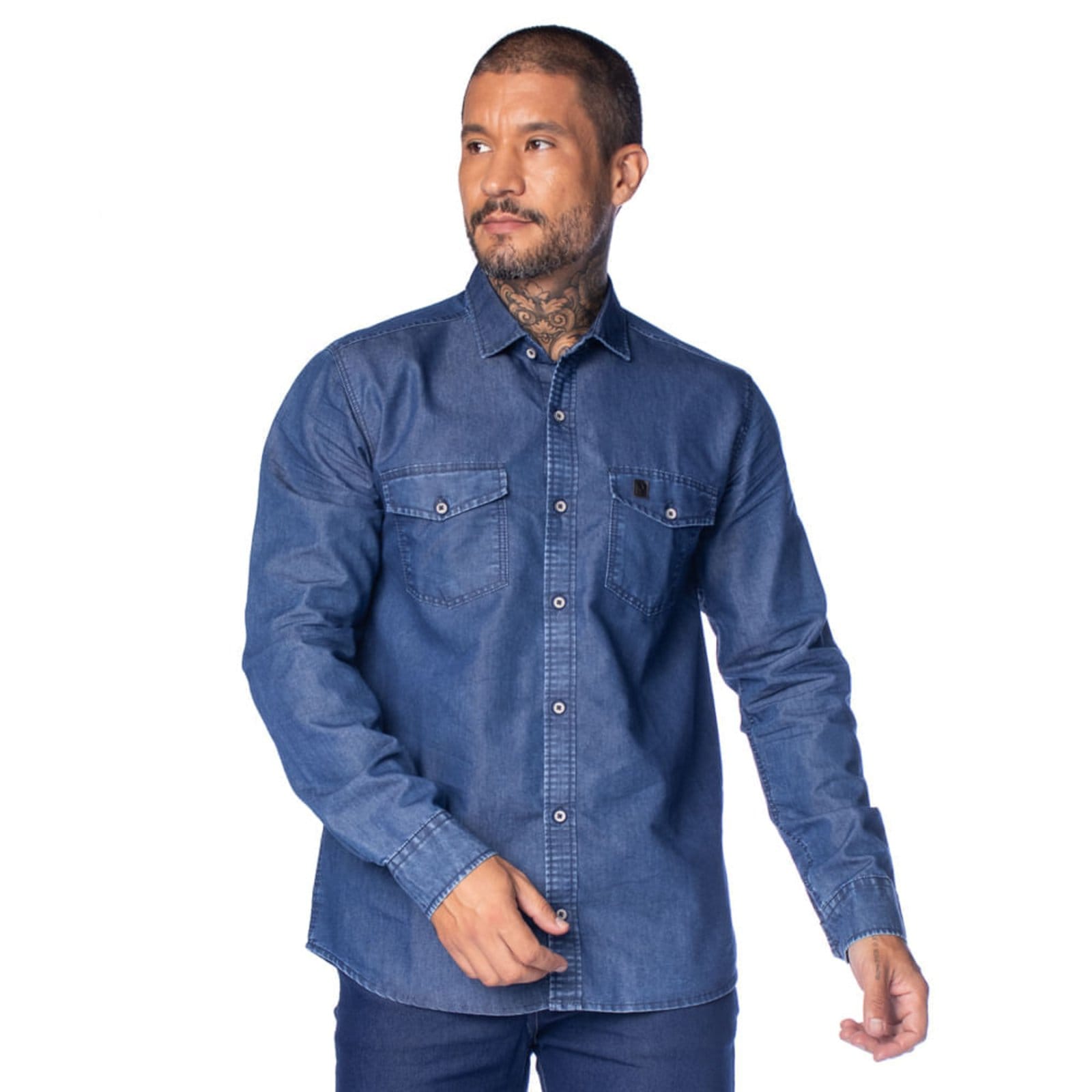 Vista principal Camisa Masculina Amil Comfort Jeans Bolsos Funcionais Amil azul