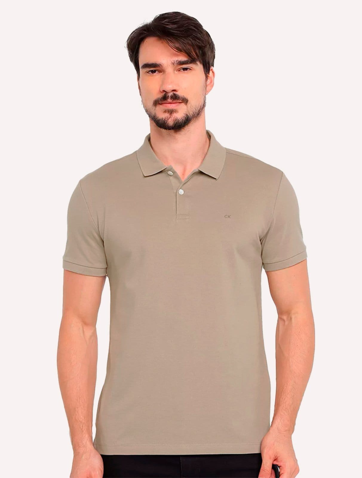Vista principal Polo Calvin Klein Masculina Piquet Slim Básica Sem Friso Médio Calvin Klein cáqui