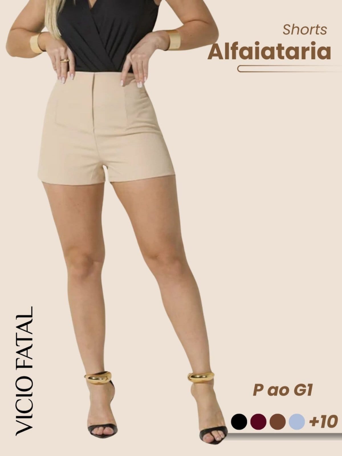 Vista principal Shorts Feminino de Alfaitaria Social Areia Fecho Invisível Elegante Plissado Modelagem Curta Cintura Alta Estiloso Casual Sofisticado Bolsos Frontais Fecho com Botão Minimalista Vicio Fatal bege