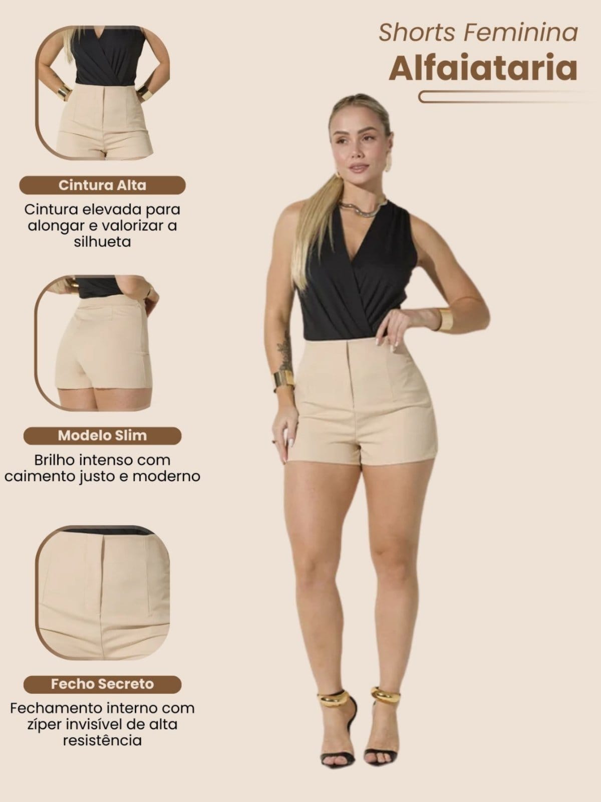 Vista 2 Shorts Feminino de Alfaitaria Social Areia Fecho Invisível Elegante Plissado Modelagem Curta Cintura Alta Estiloso Casual Sofisticado Bolsos Frontais Fecho com Botão Minimalista Vicio Fatal bege