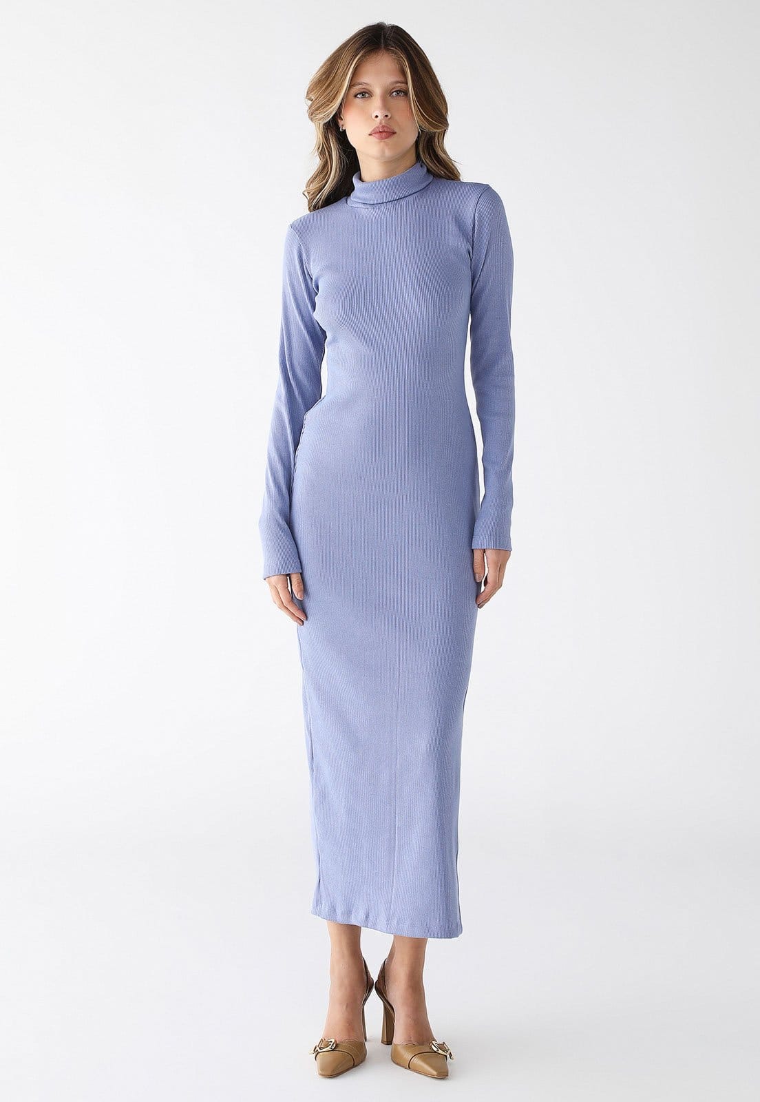 Vestido Longo Levosch Gola Alta Fenda Lateral Ribana Premium Serenity