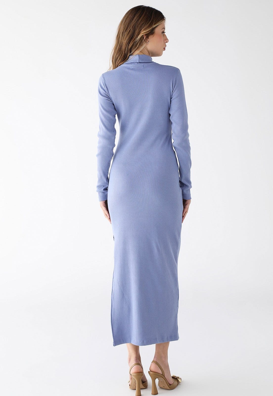 Vista 2 Vestido Longo Levosch Gola Alta Fenda Lateral Ribana Premium Serenity 77VS LEVOSCH azul