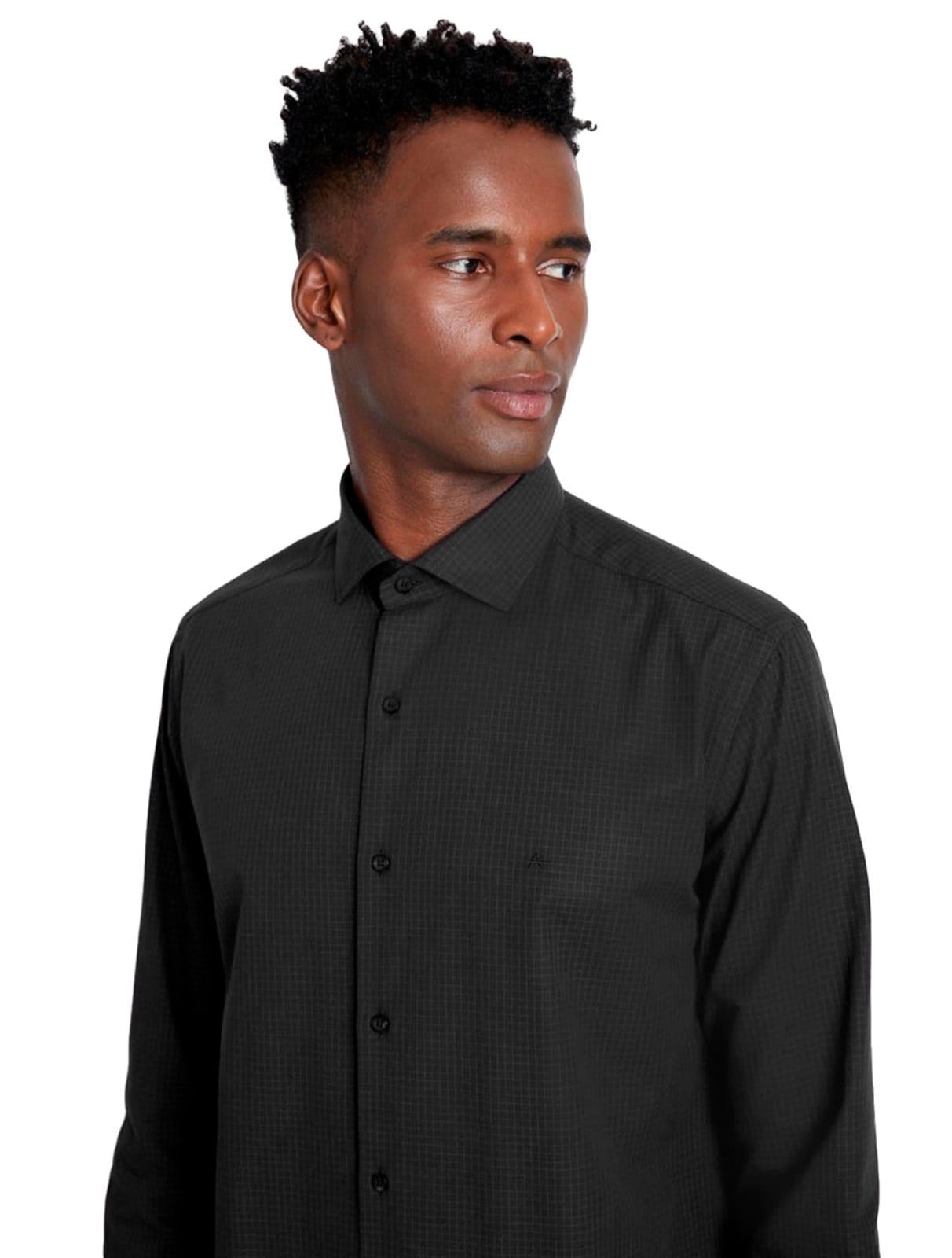 Vista 2 Camisa Aramis Masculina Slim Tricoline Micro Xadrez Stretch Preta Aramis preto