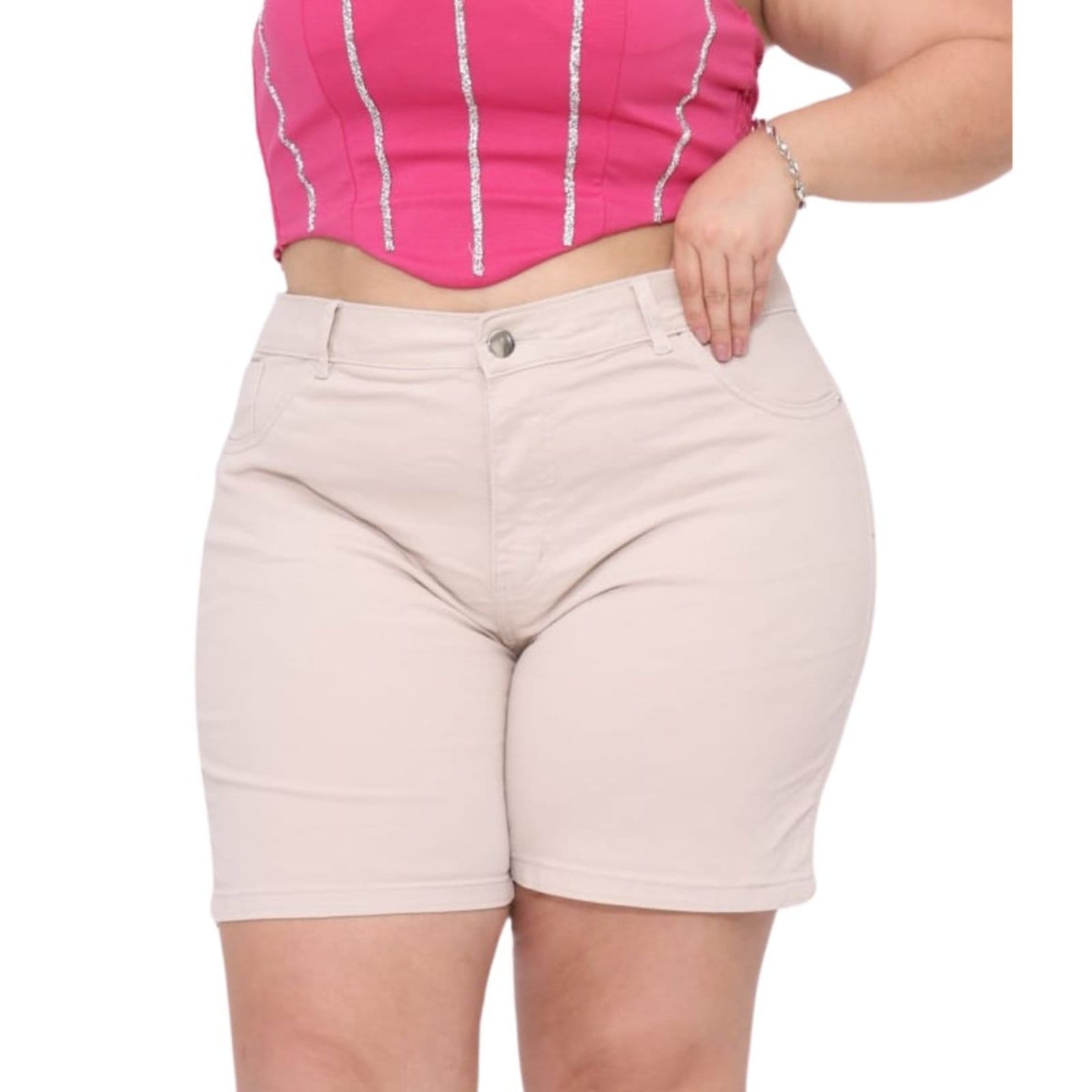 Vista principal Bermuda Comprida Feminina Plus Size JEANS LIGHT bege/cáqui