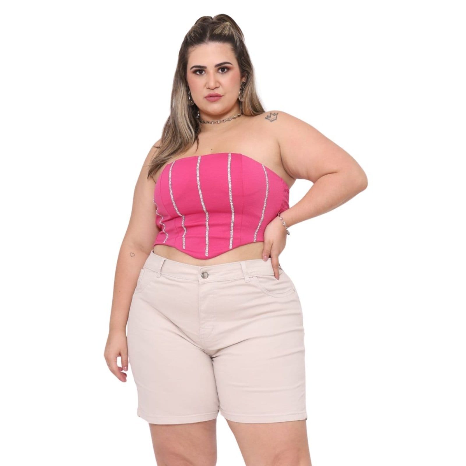 Vista 2 Bermuda Comprida Feminina Plus Size JEANS LIGHT bege/cáqui