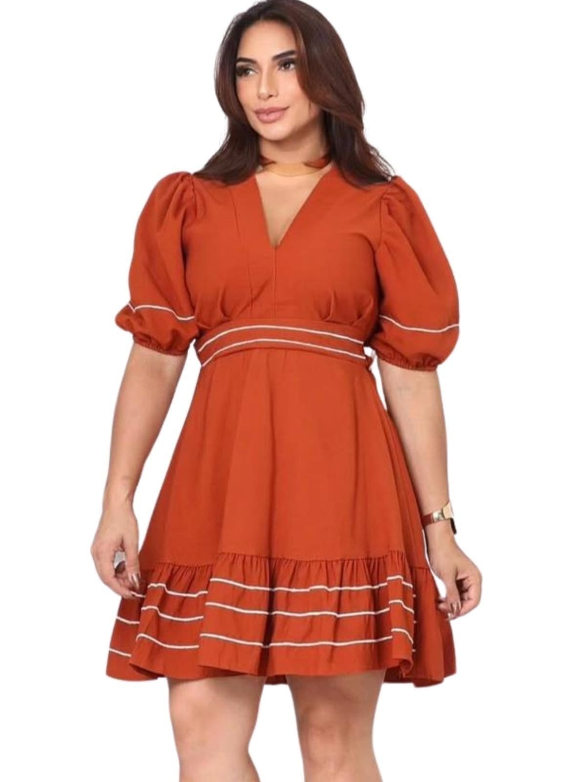 Vista principal Vestido Summer body Feminino Curto com Babado & Manga Bufante Terracota Summer Body caramelo