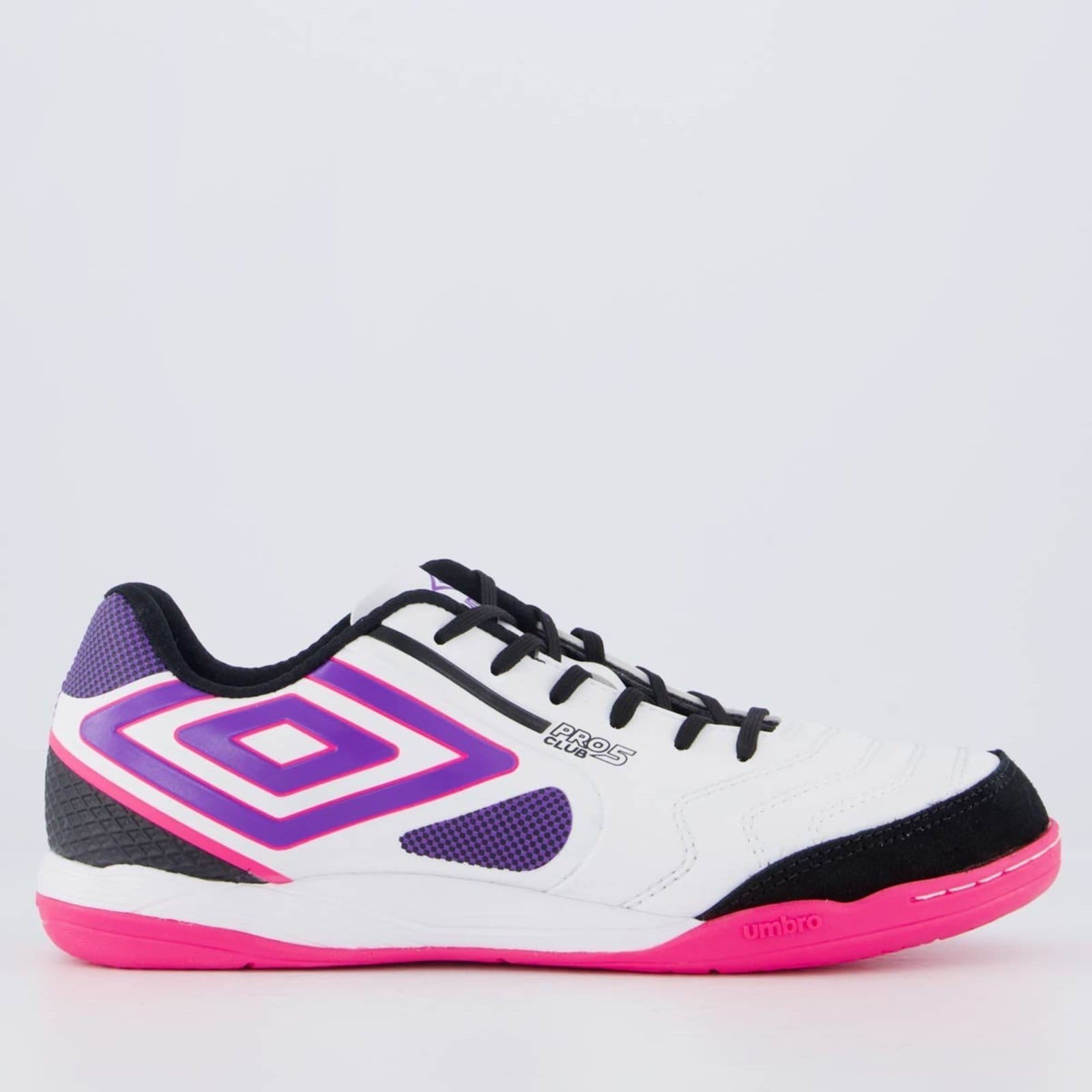 Chuteira Umbro Pro 5 Bump Club II Futsal Branca e Roxa